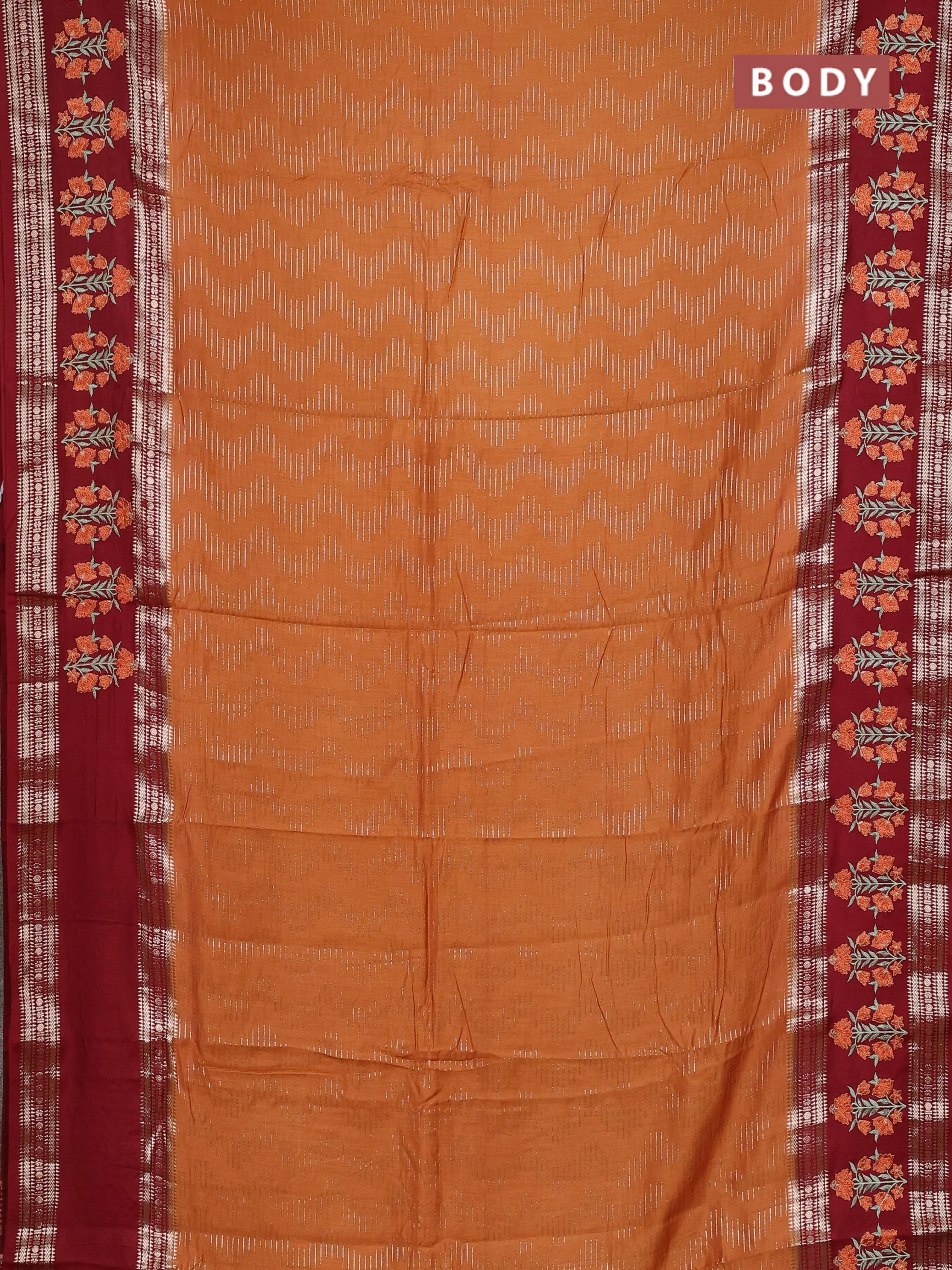 Semi chanderi saree rustic orange and maroon with allover zari weaves and embroidery zari border - Image 2