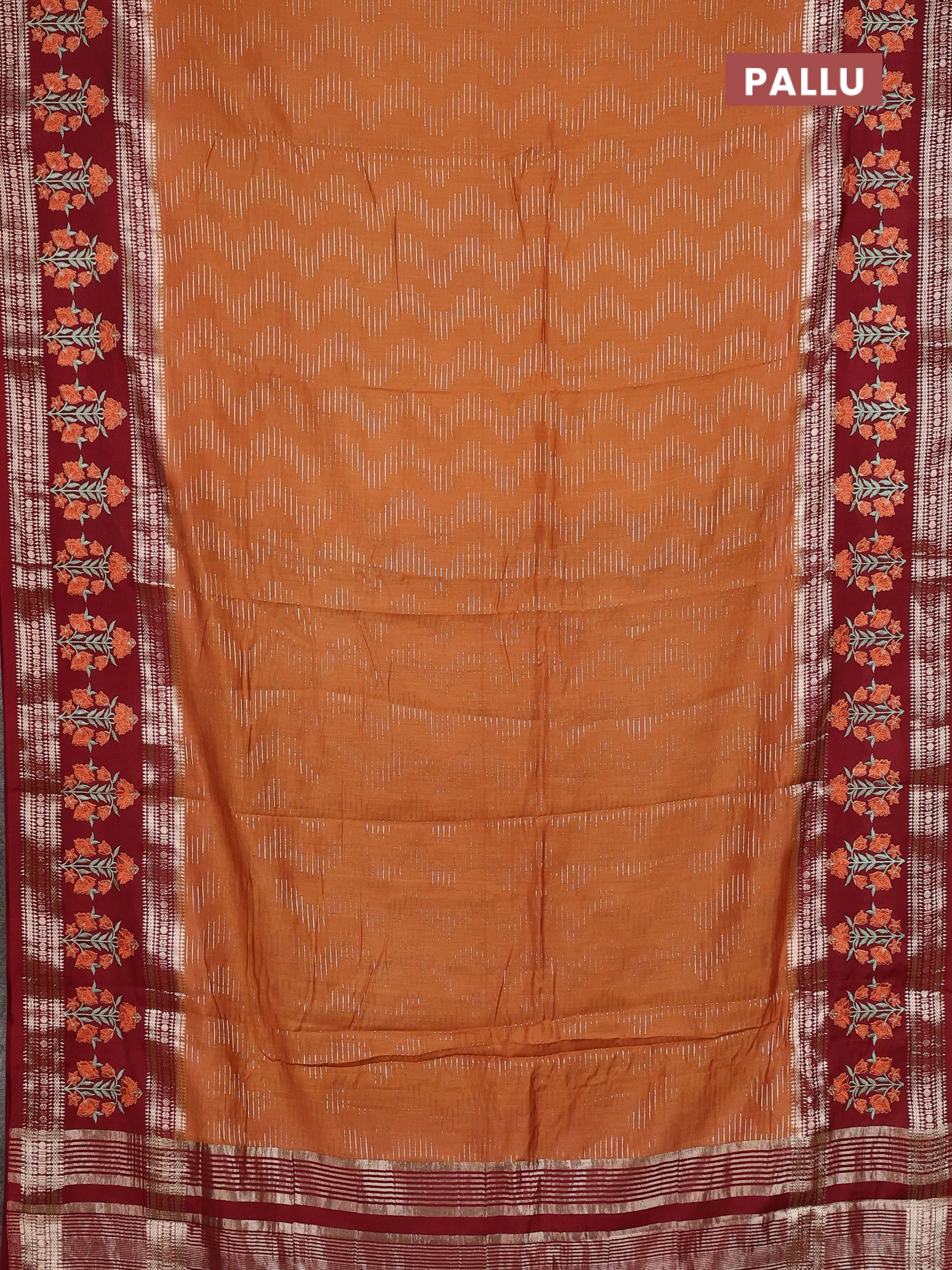 Semi chanderi saree rustic orange and maroon with allover zari weaves and embroidery zari border - Image 3
