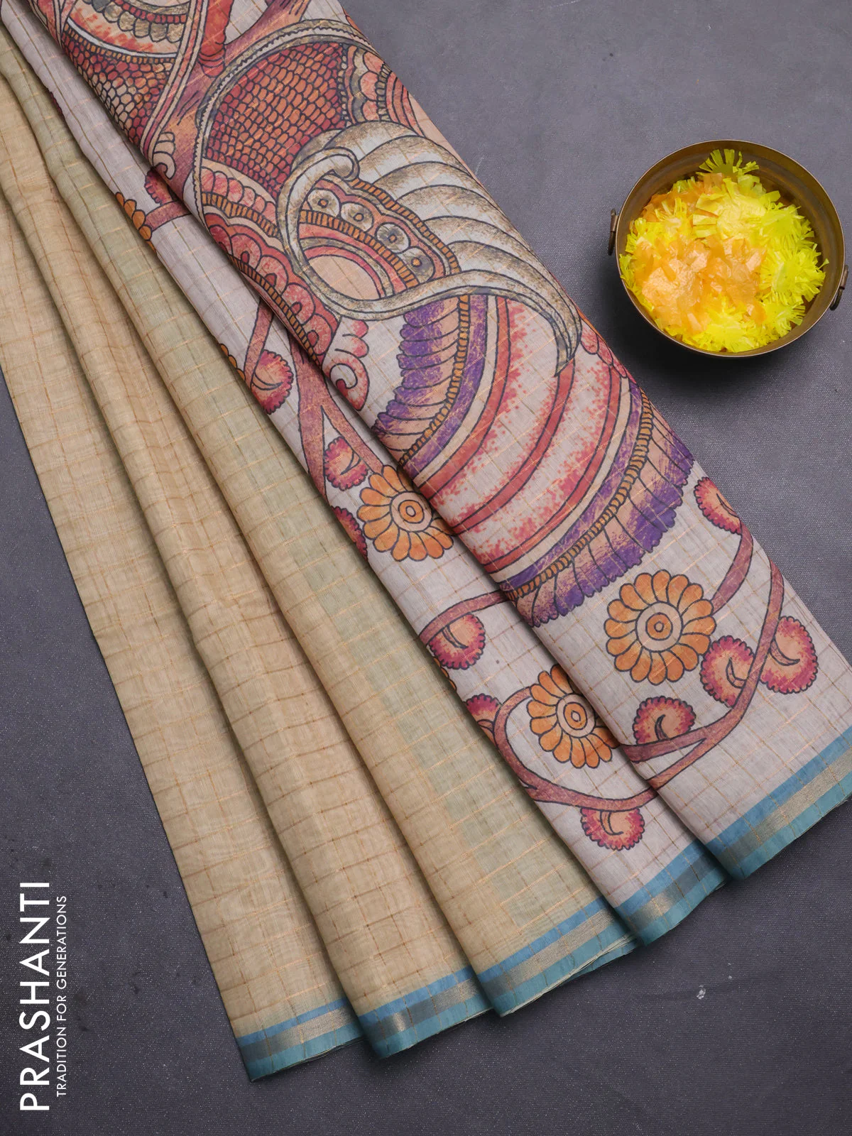 Semi chanderi saree sandal and teal blue with allover zari woven checked pattern and kalamkari printed pallu