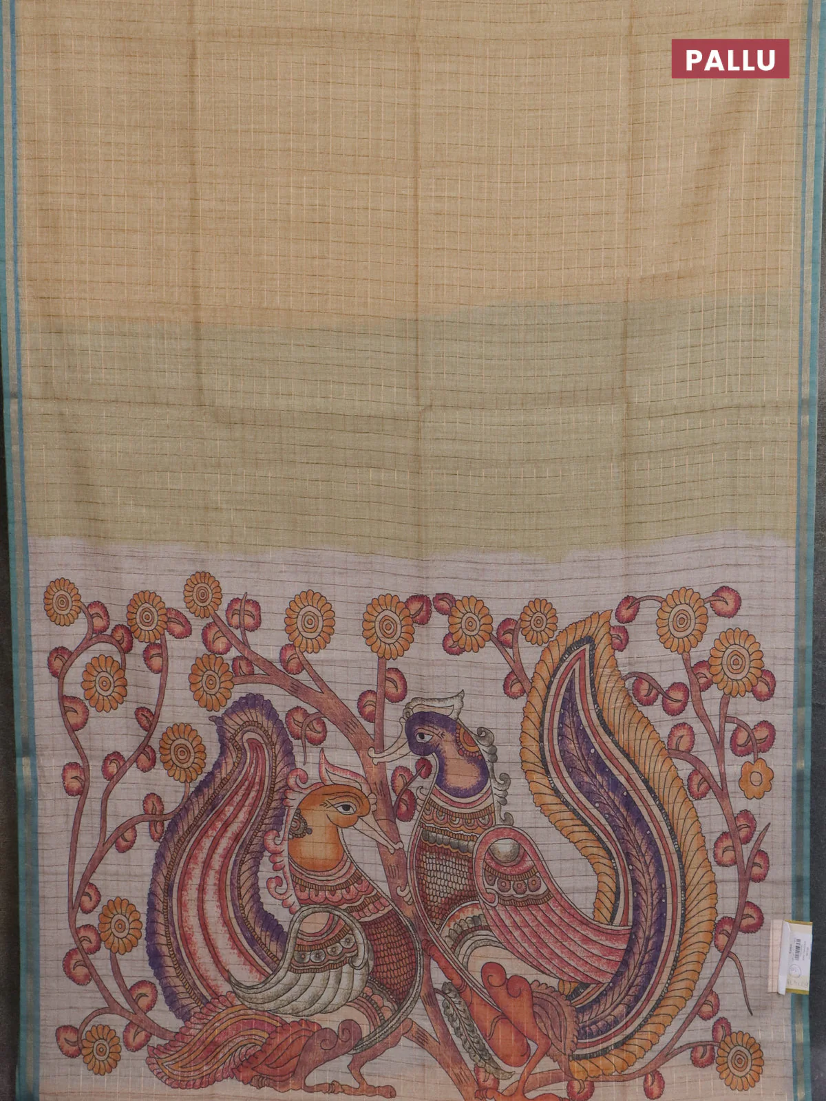 Semi chanderi saree sandal and teal blue with allover zari woven checked pattern and kalamkari printed pallu - Image 3