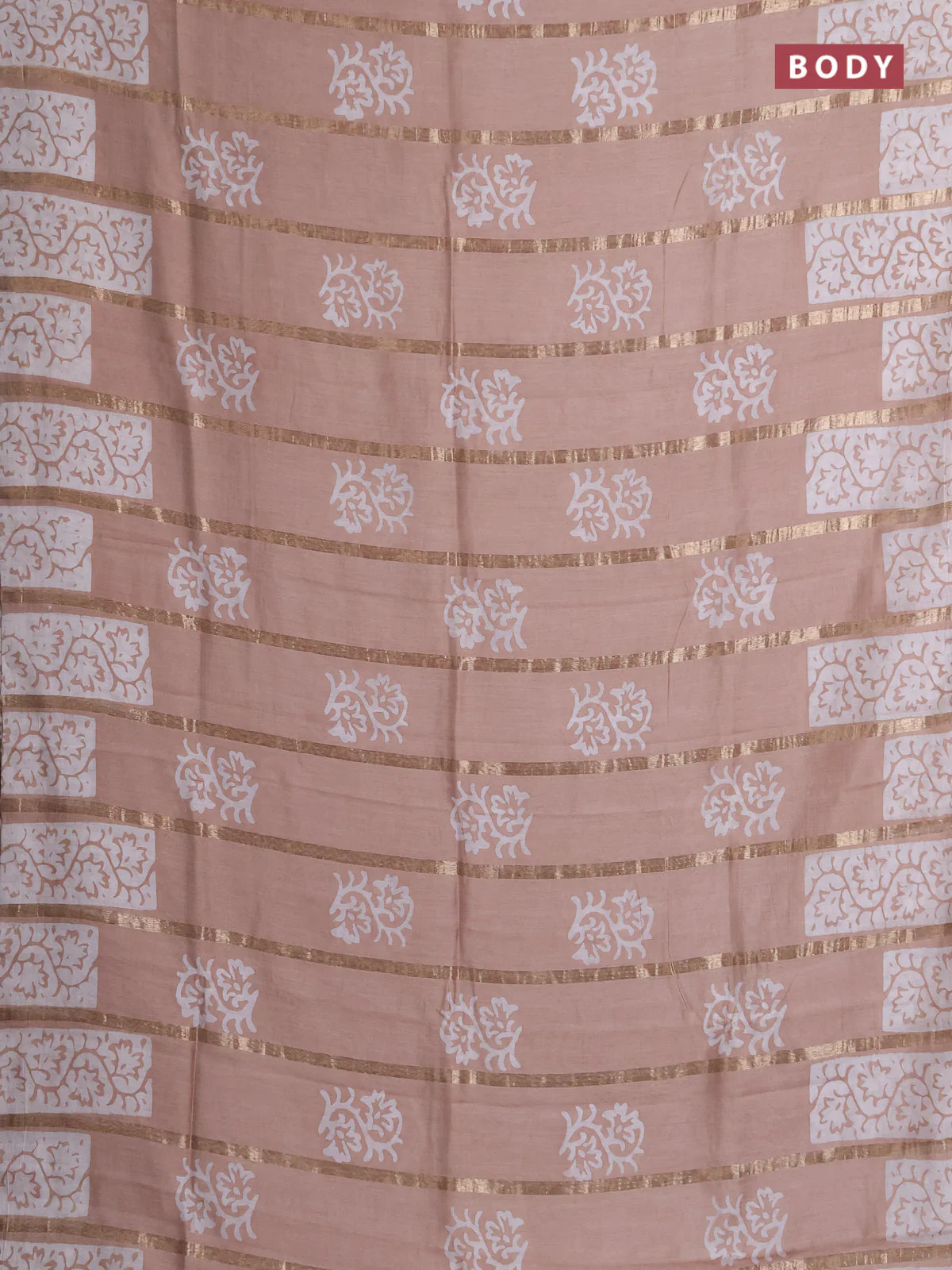 Semi chanderi saree sandal with allover zari strips & batik butta prints in borderless style - Image 2