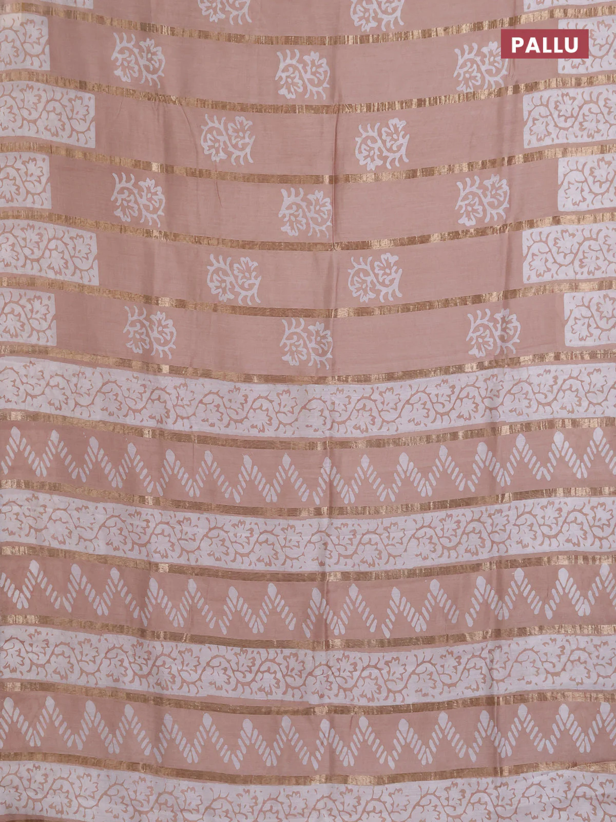 Semi chanderi saree sandal with allover zari strips & batik butta prints in borderless style - Image 3