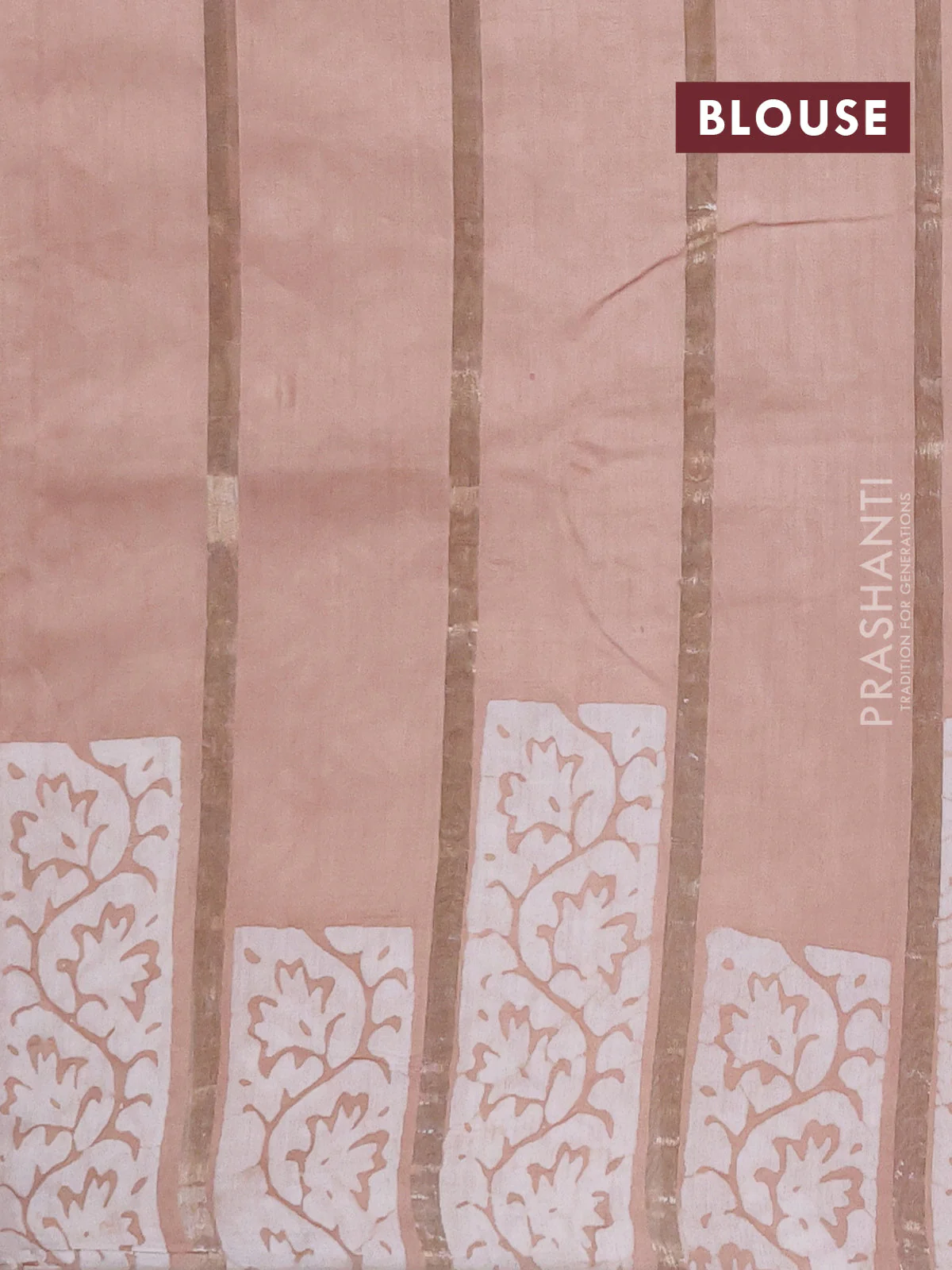 Semi chanderi saree sandal with allover zari strips & batik butta prints in borderless style - Image 4