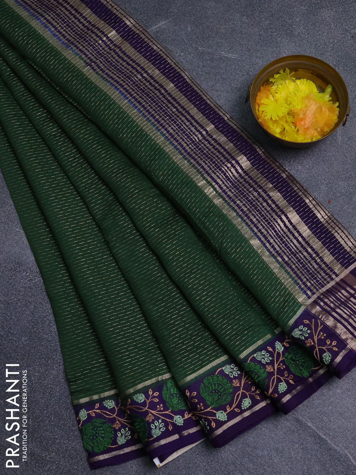 Semi chanderi saree sap green and violet with allover zari weaves and embroidery zari border