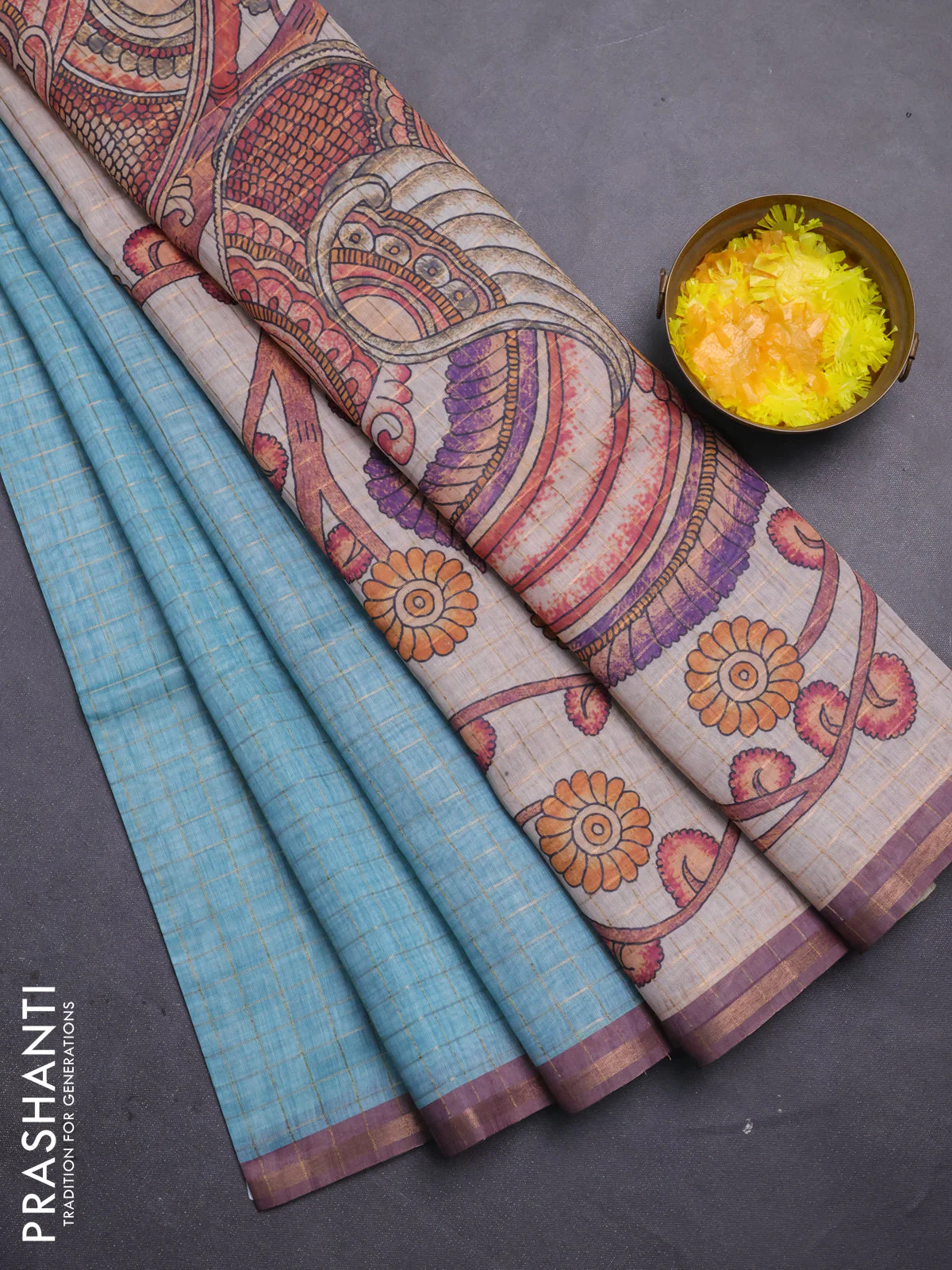 Semi chanderi saree teal blue and beige with allover zari woven checked pattern and kalamkari printed pallu