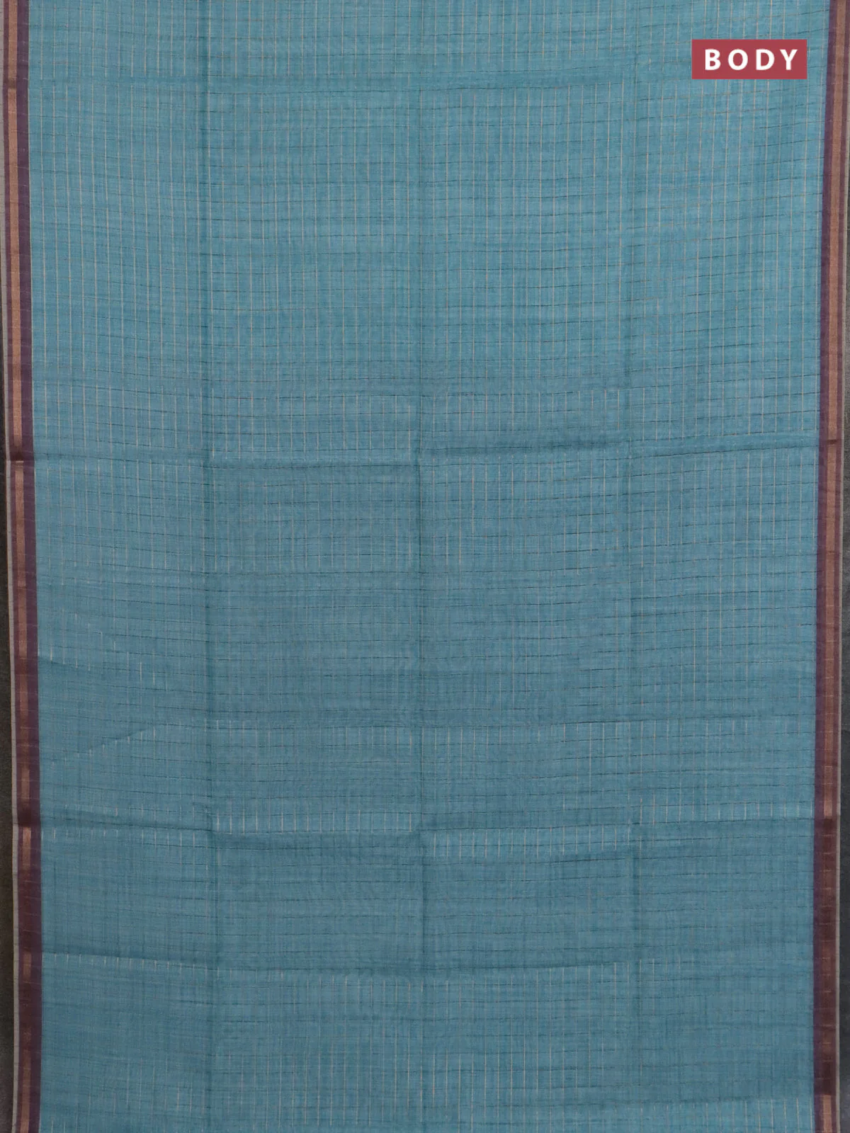 Semi chanderi saree teal blue and beige with allover zari woven checked pattern and kalamkari printed pallu - Image 2