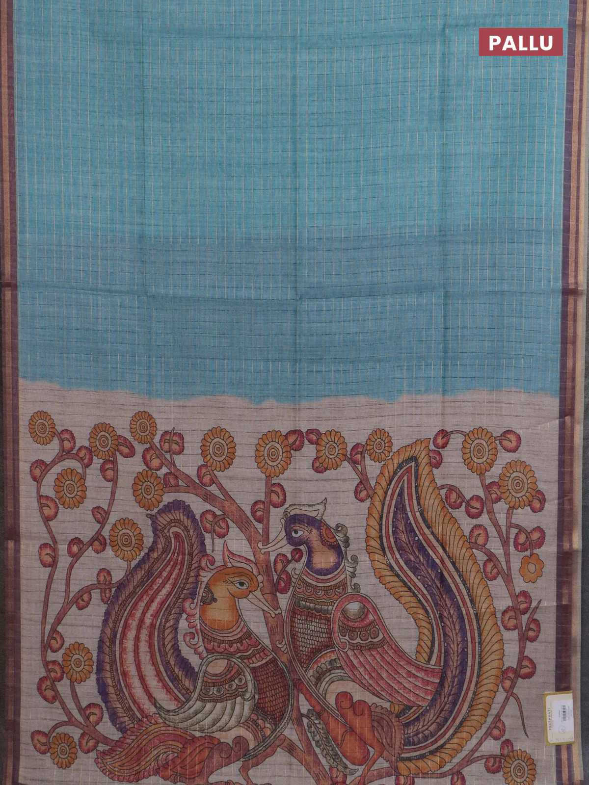 Semi chanderi saree teal blue and beige with allover zari woven checked pattern and kalamkari printed pallu - Image 3