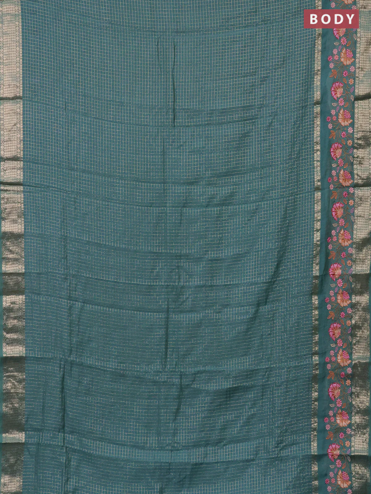 Semi chanderi saree teal blue with allover zari checked pattern and floral embroidery border - Image 2