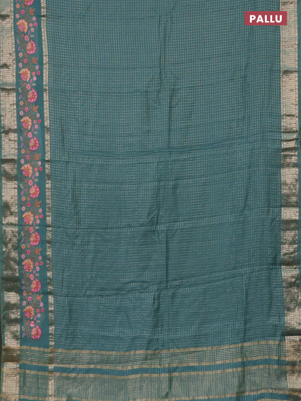 Semi chanderi saree teal blue with allover zari checked pattern and floral embroidery border - Image 3