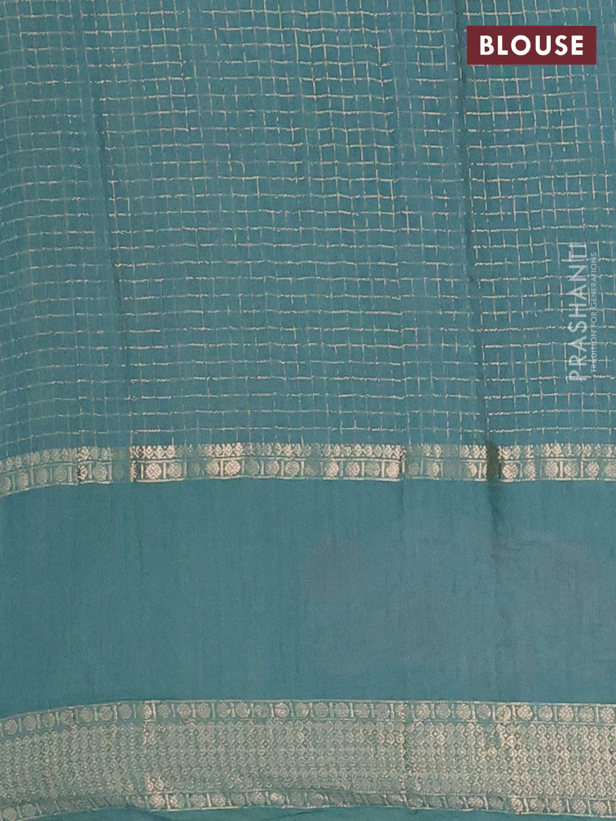 Semi chanderi saree teal blue with allover zari checked pattern and floral embroidery border - Image 4