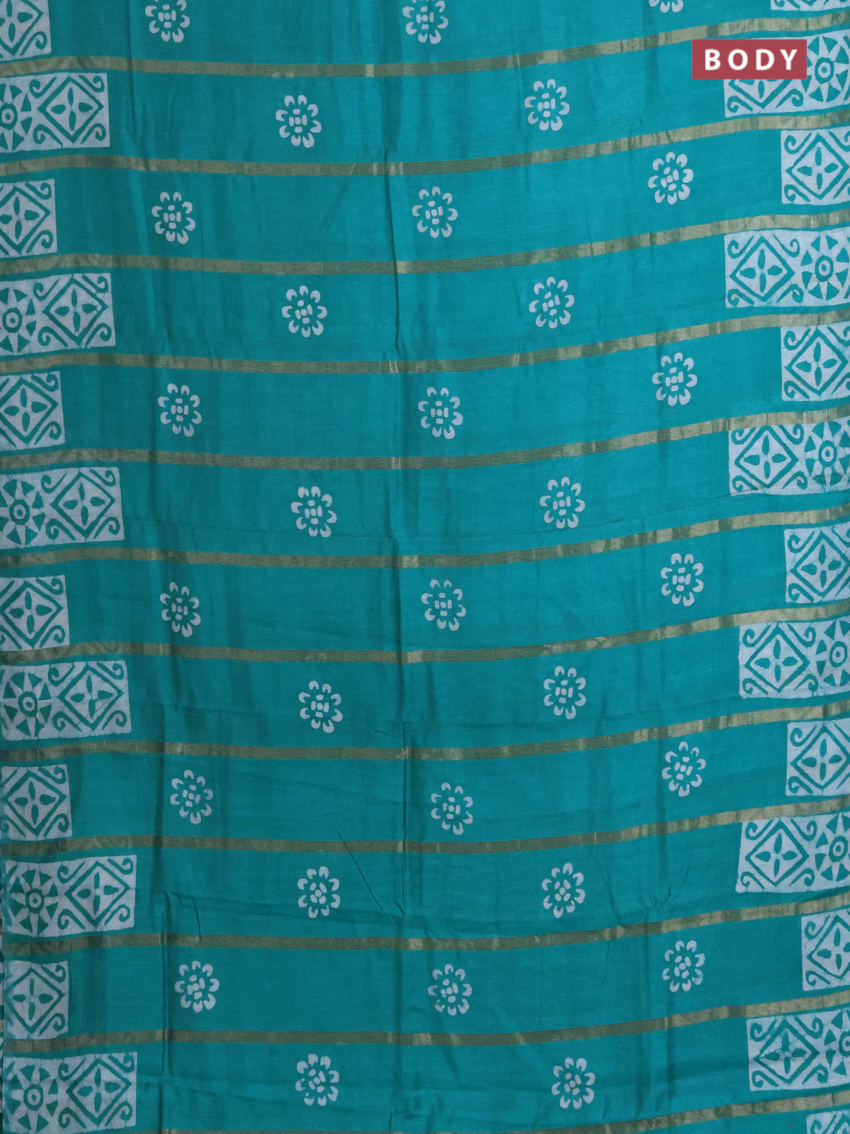 Semi chanderi saree teal green with allover zari strips & batik butta prints in borderless style - Image 2