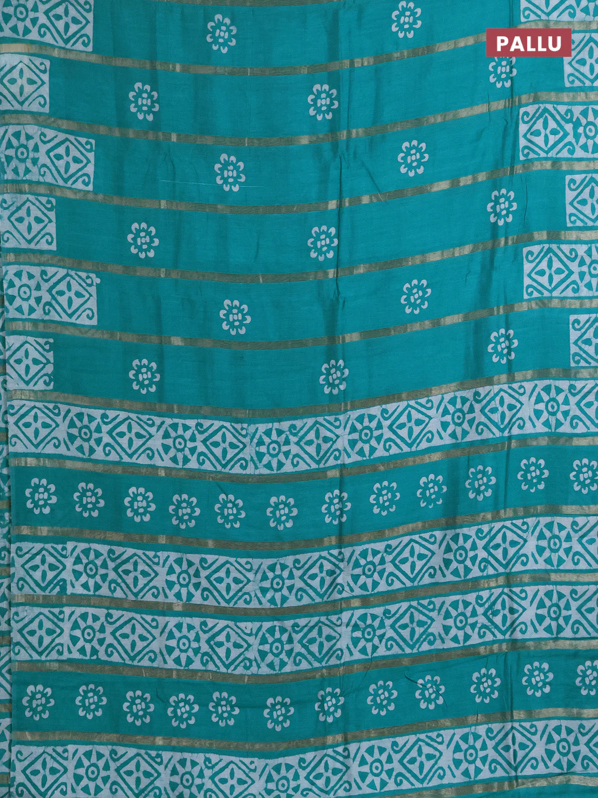 Semi chanderi saree teal green with allover zari strips & batik butta prints in borderless style - Image 3