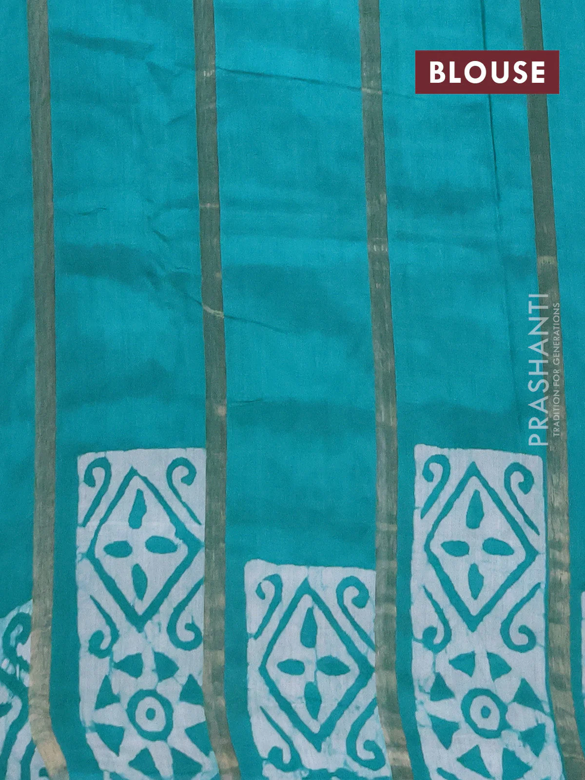 Semi chanderi saree teal green with allover zari strips & batik butta prints in borderless style - Image 4