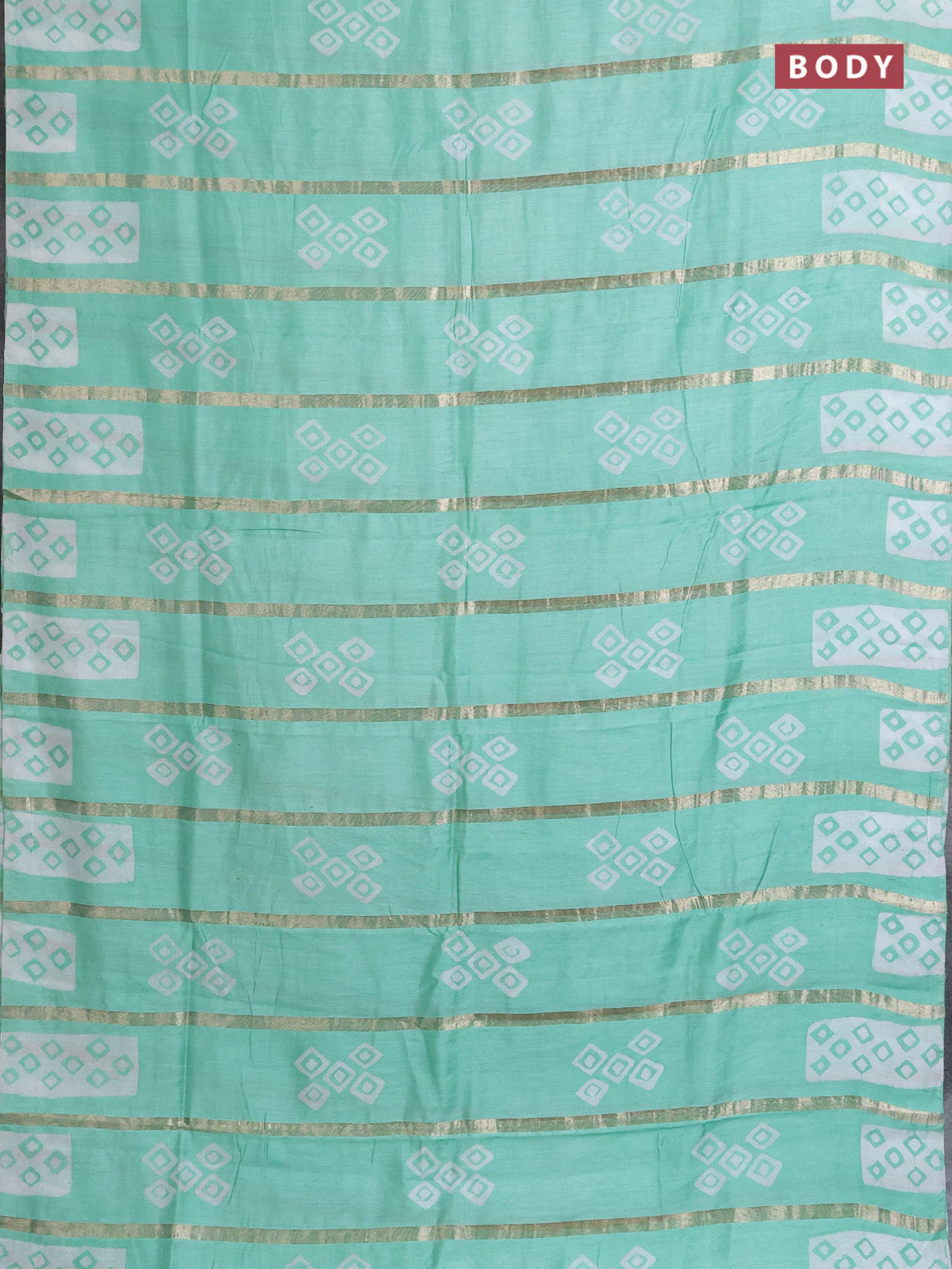 Semi chanderi saree teal green with allover zari strips & batik butta prints in borderless style - Image 2