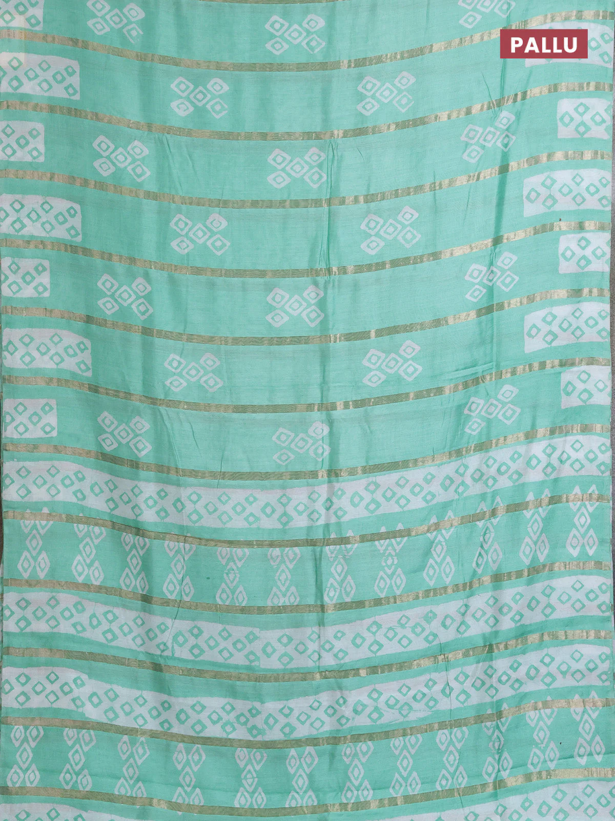 Semi chanderi saree teal green with allover zari strips & batik butta prints in borderless style - Image 3
