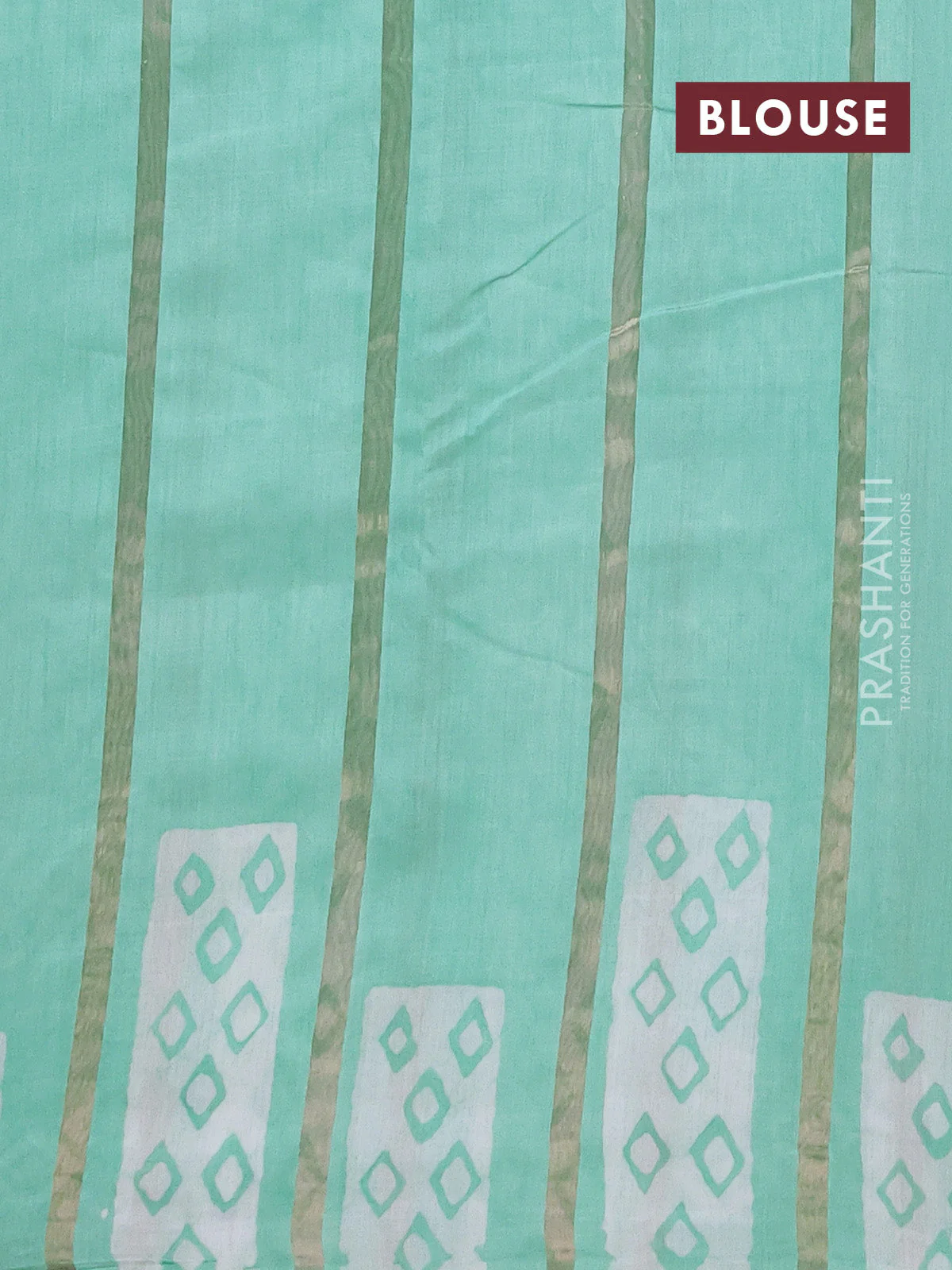 Semi chanderi saree teal green with allover zari strips & batik butta prints in borderless style - Image 4