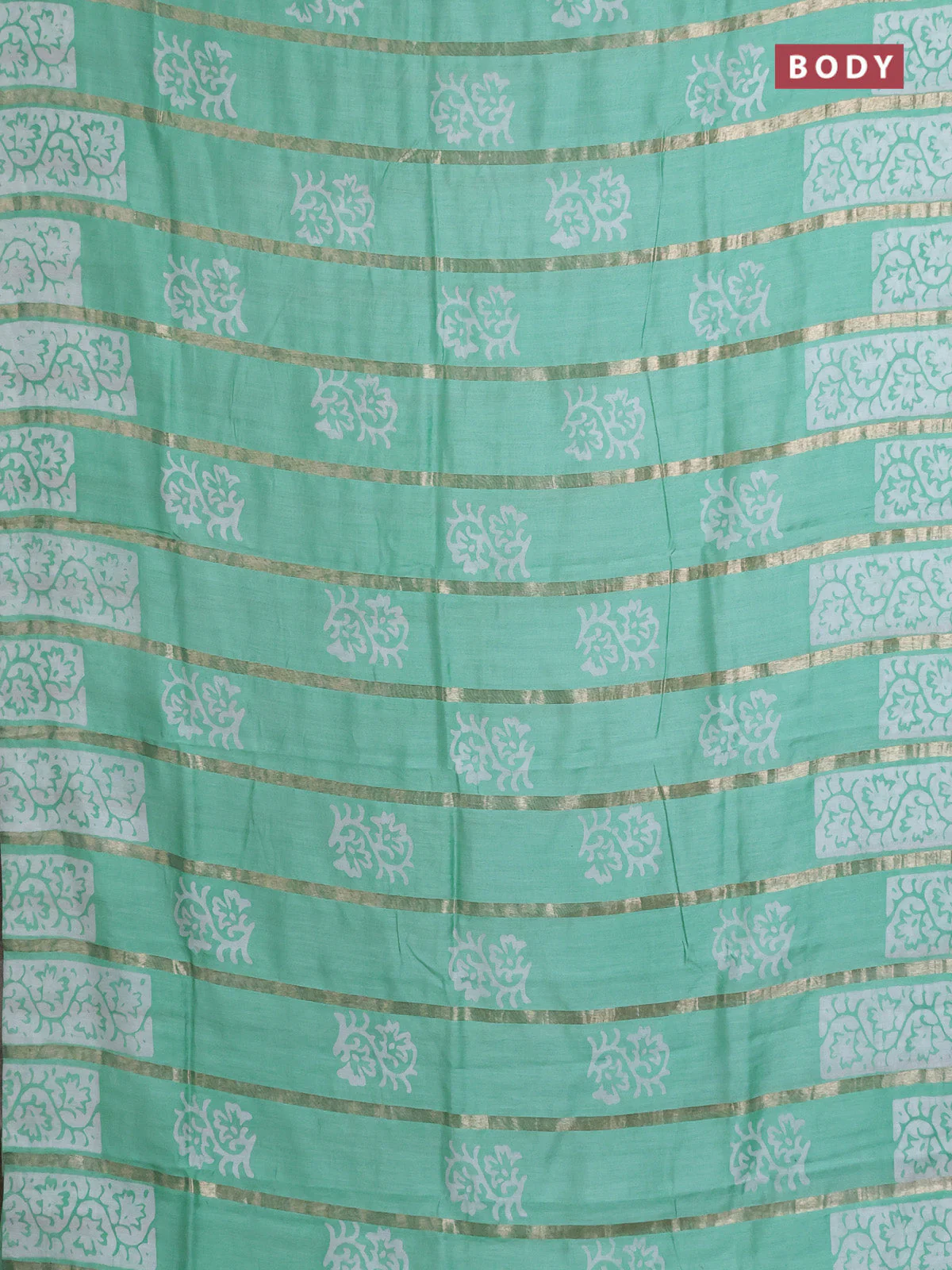 Semi chanderi saree teal green with allover zari strips & batik butta prints in borderless style - Image 2