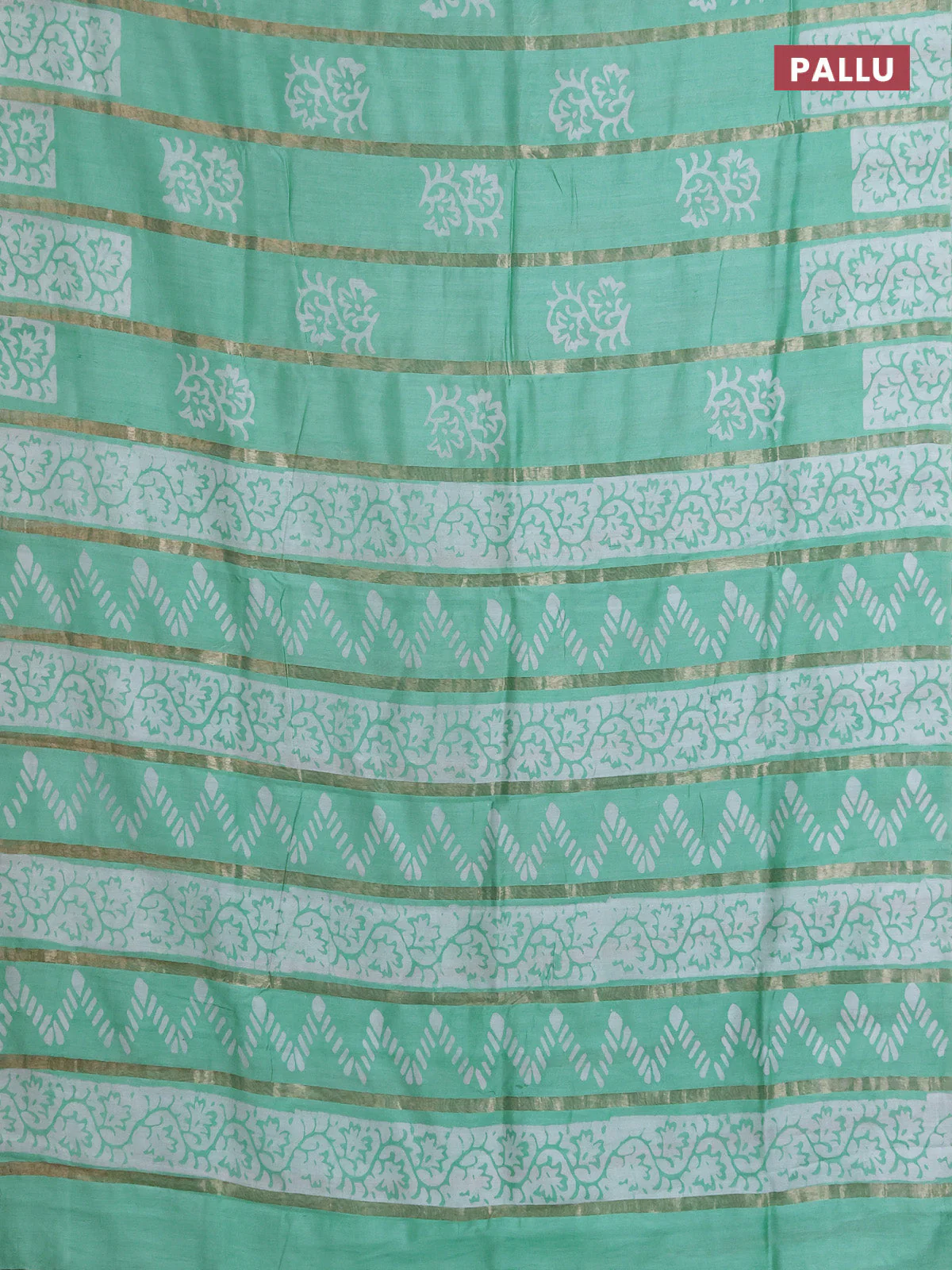 Semi chanderi saree teal green with allover zari strips & batik butta prints in borderless style - Image 3