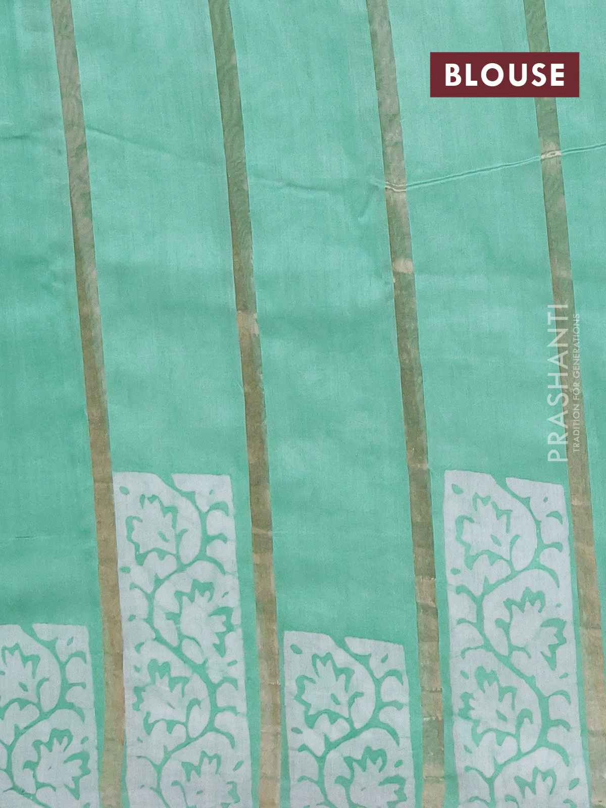 Semi chanderi saree teal green with allover zari strips & batik butta prints in borderless style - Image 4