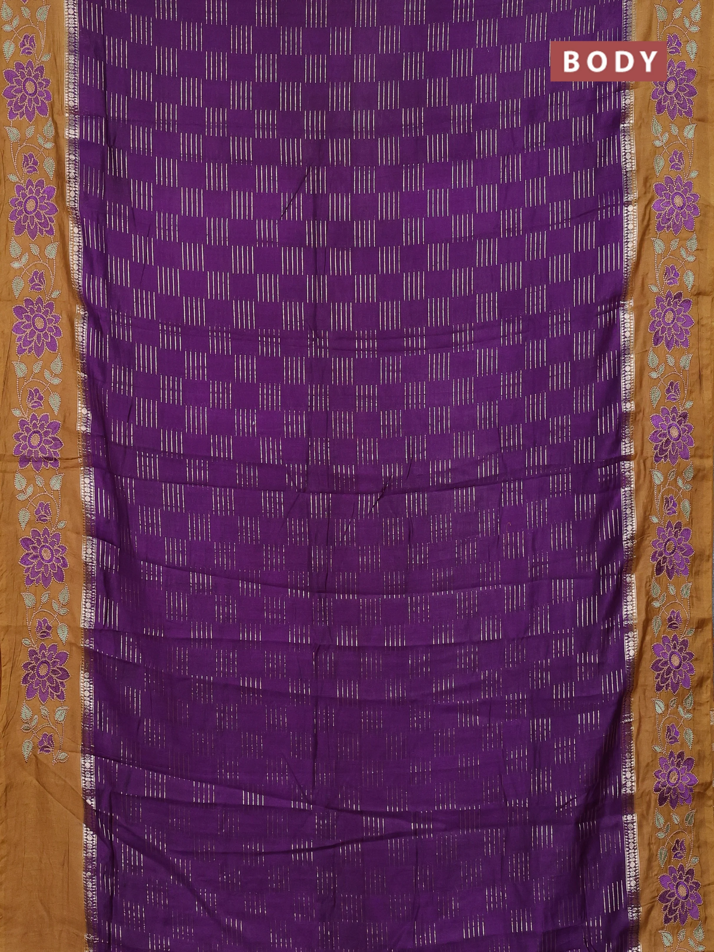 Semi chanderi saree violet and brown with allover zari weaves and embroidery border - Image 2