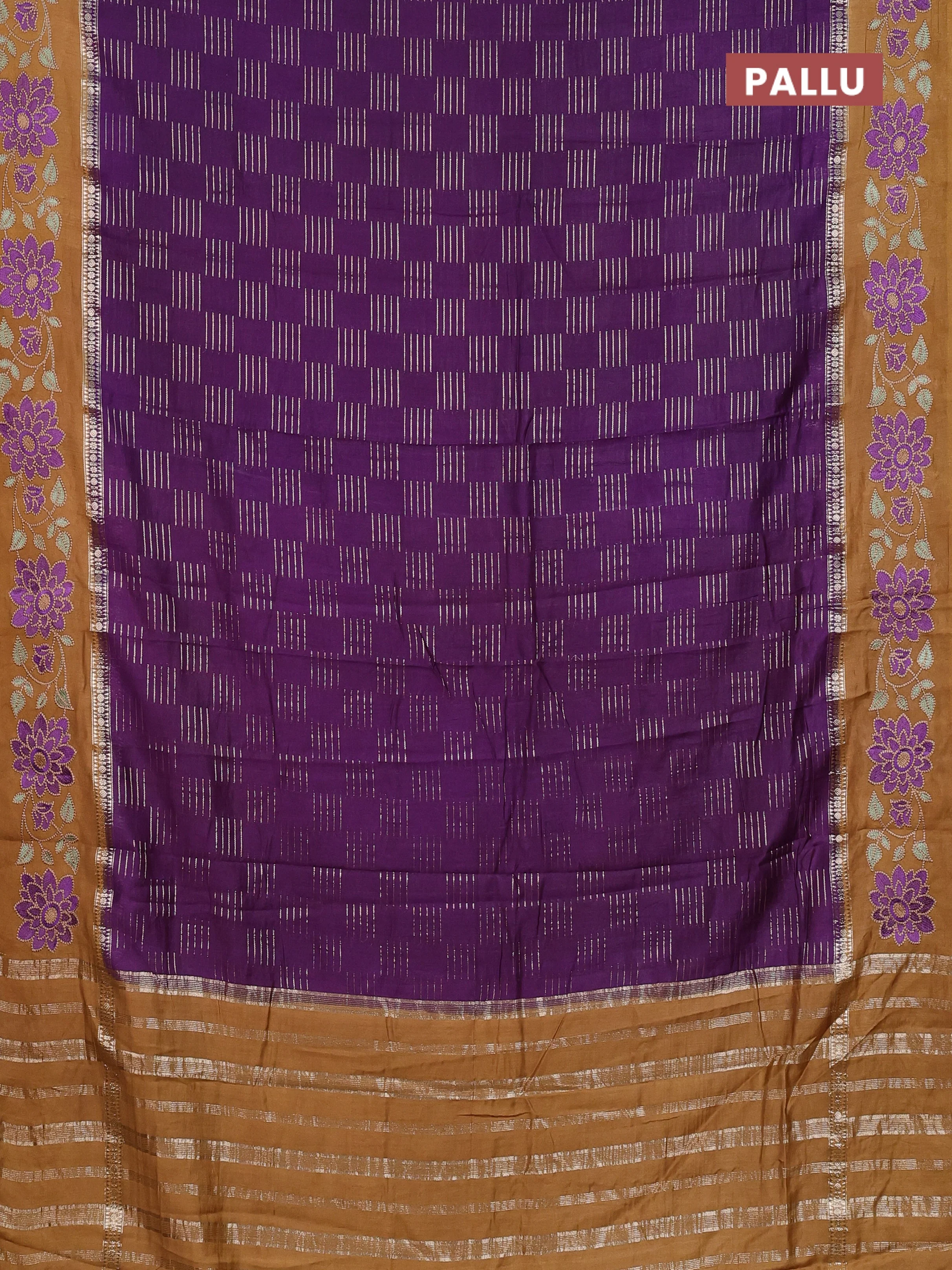 Semi chanderi saree violet and brown with allover zari weaves and embroidery border - Image 3