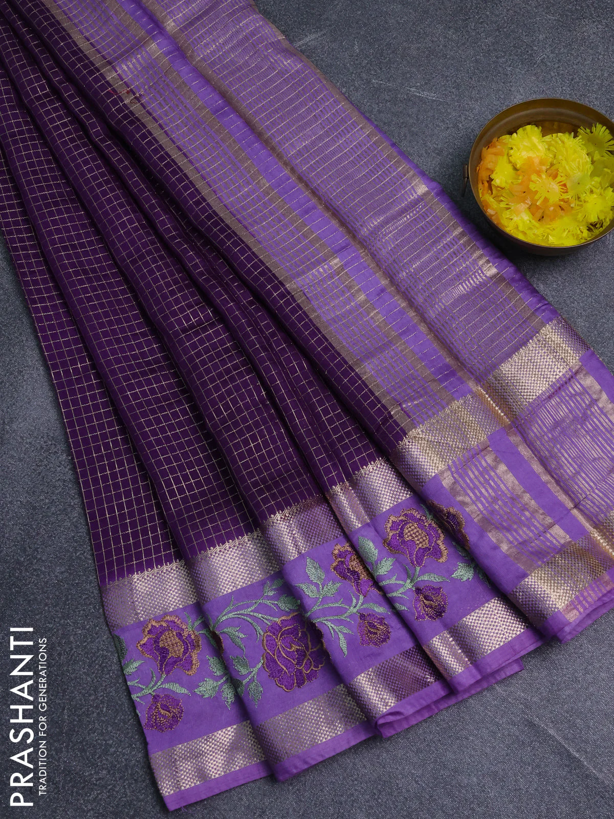 Semi chanderi saree violet and lavender with allover zari woven checked pattern and embroidery zari border