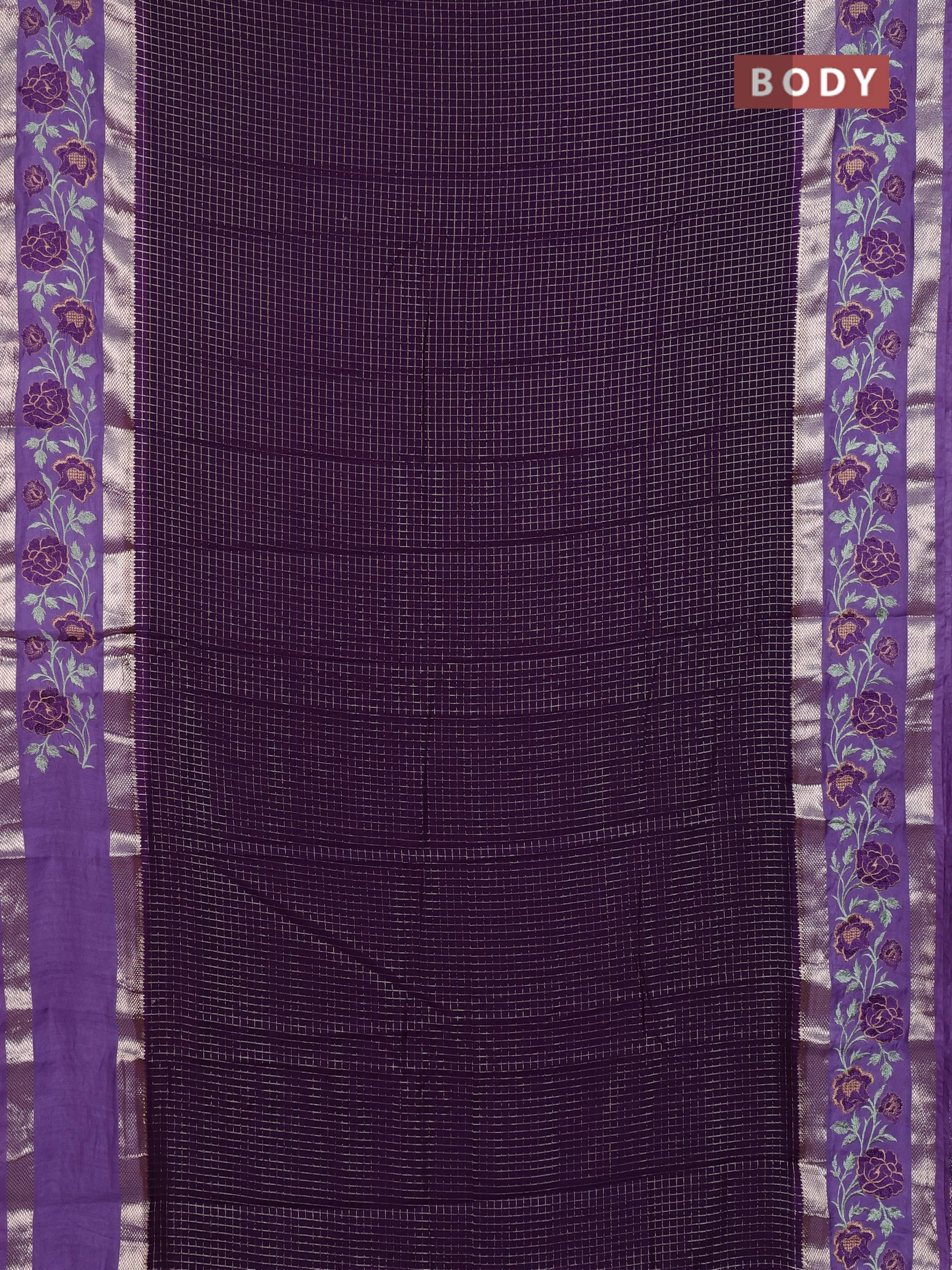 Semi chanderi saree violet and lavender with allover zari woven checked pattern and embroidery zari border - Image 2