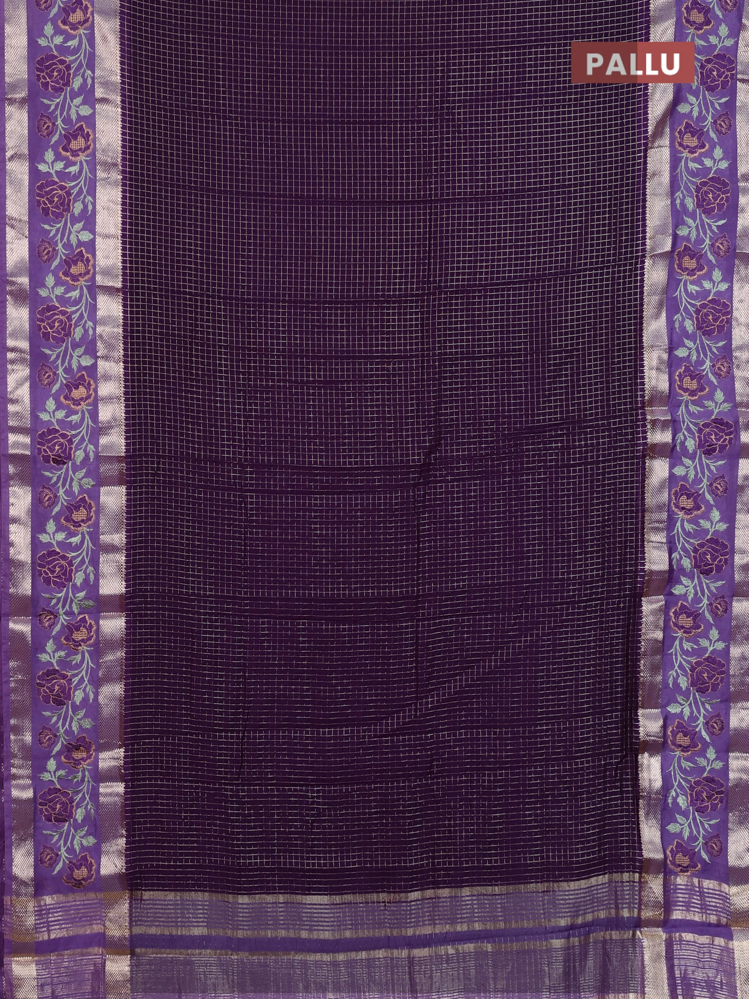 Semi chanderi saree violet and lavender with allover zari woven checked pattern and embroidery zari border - Image 3