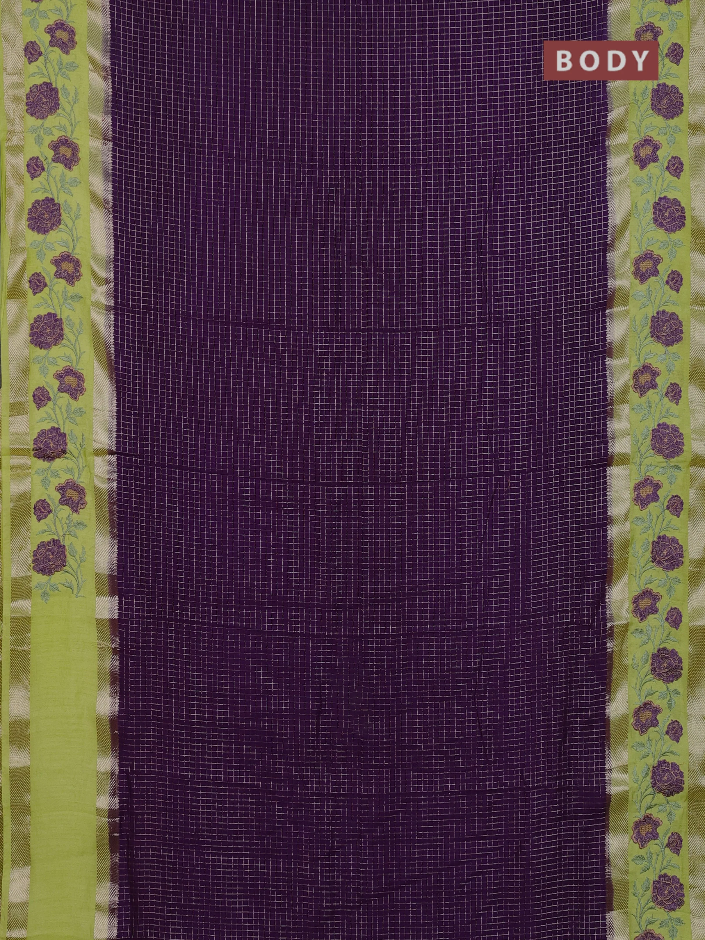 Semi chanderi saree violet and lime yellow with allover zari woven checked pattern and embroidery zari border - Image 2