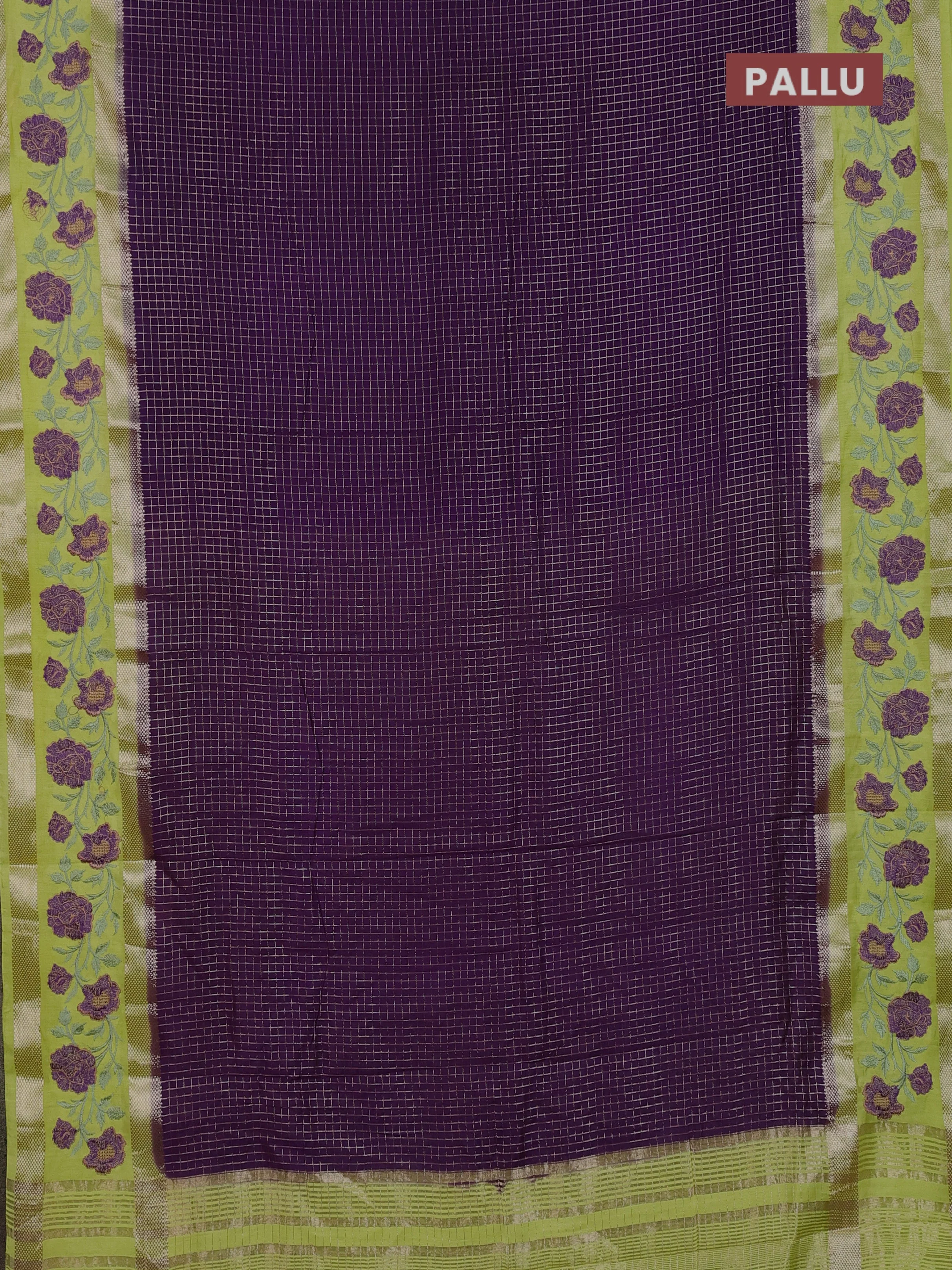 Semi chanderi saree violet and lime yellow with allover zari woven checked pattern and embroidery zari border - Image 3
