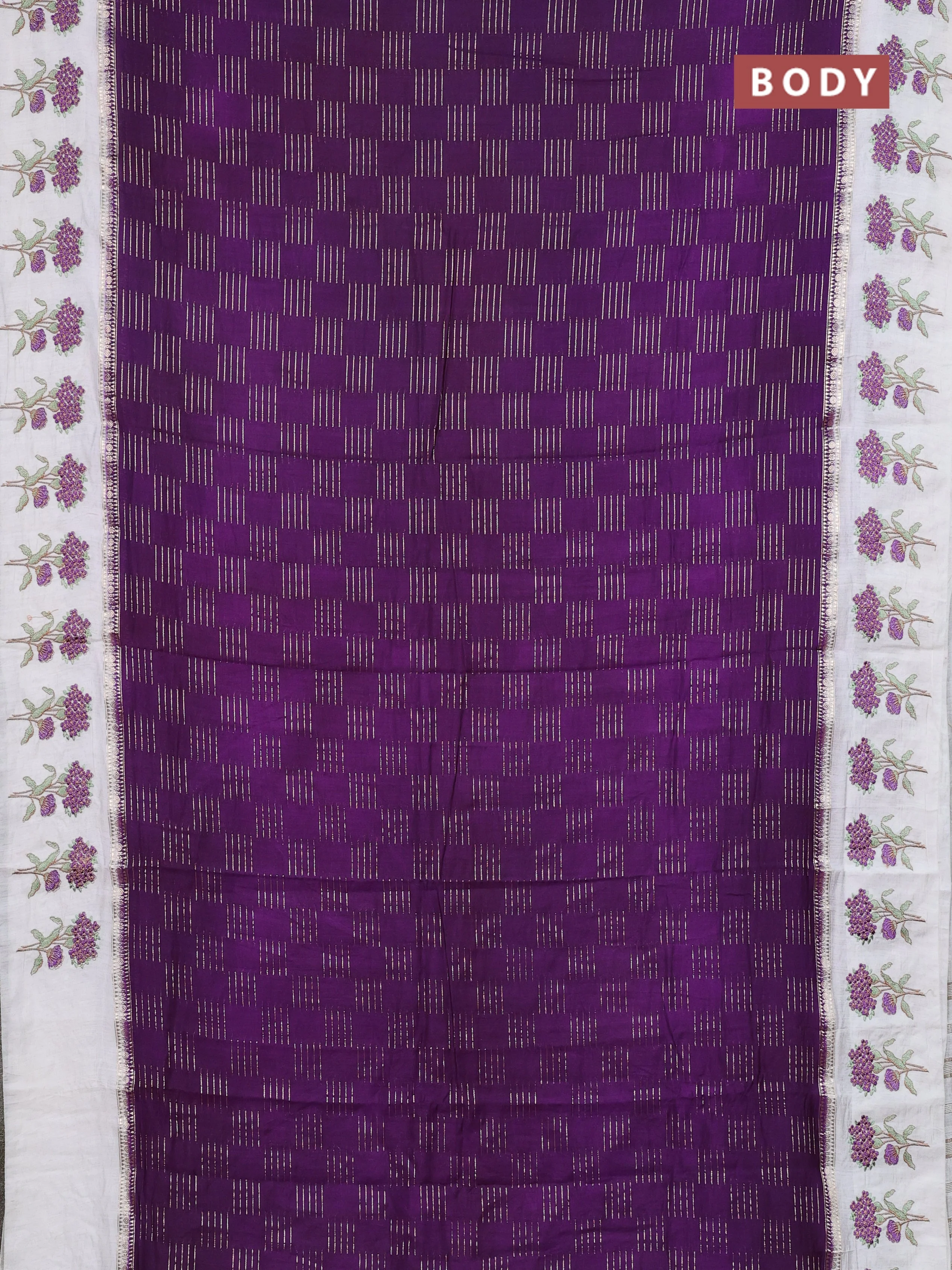 Semi chanderi saree violet and off white with allover zari weaves and embroidery border - Image 2