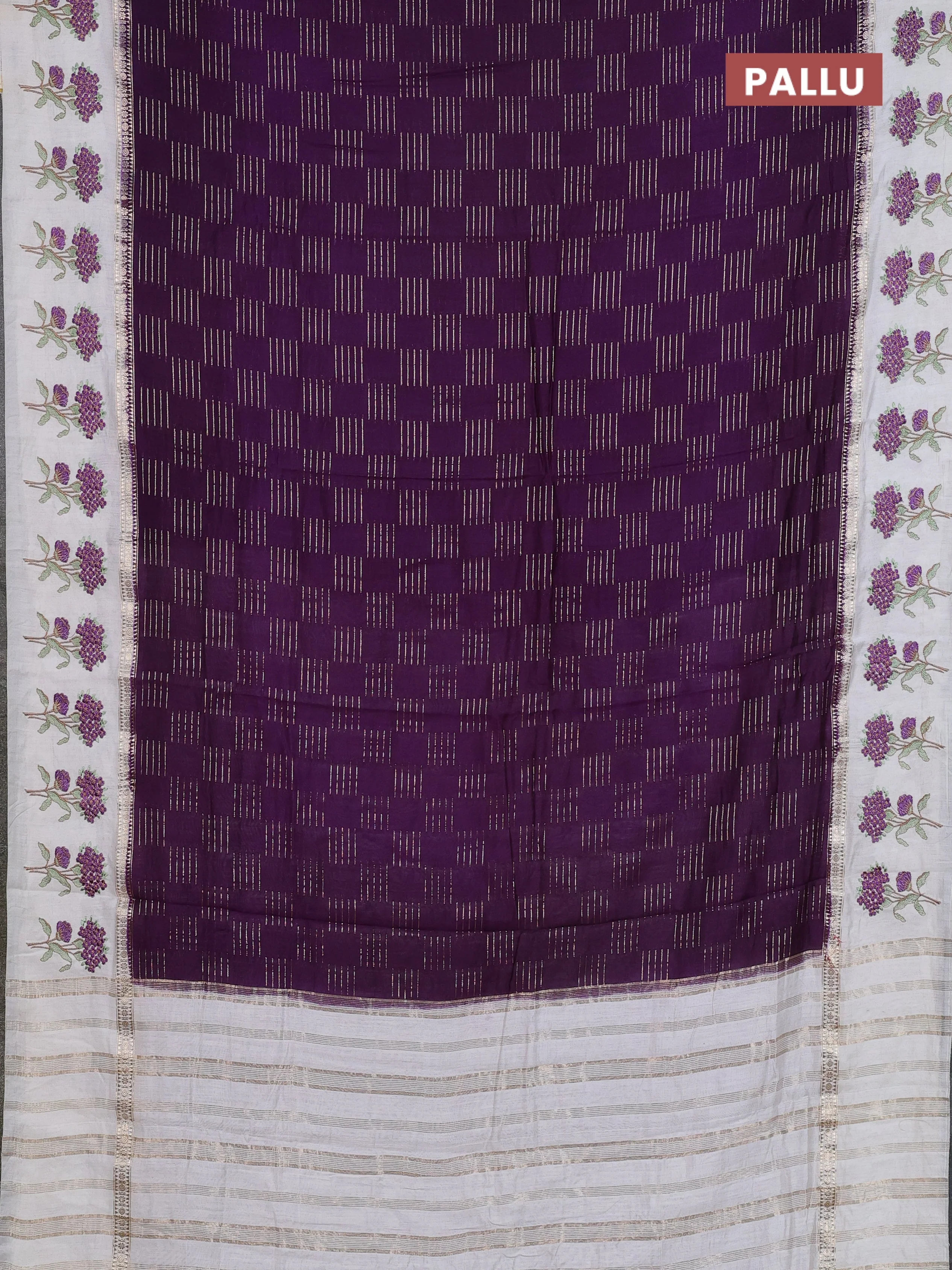 Semi chanderi saree violet and off white with allover zari weaves and embroidery border - Image 3
