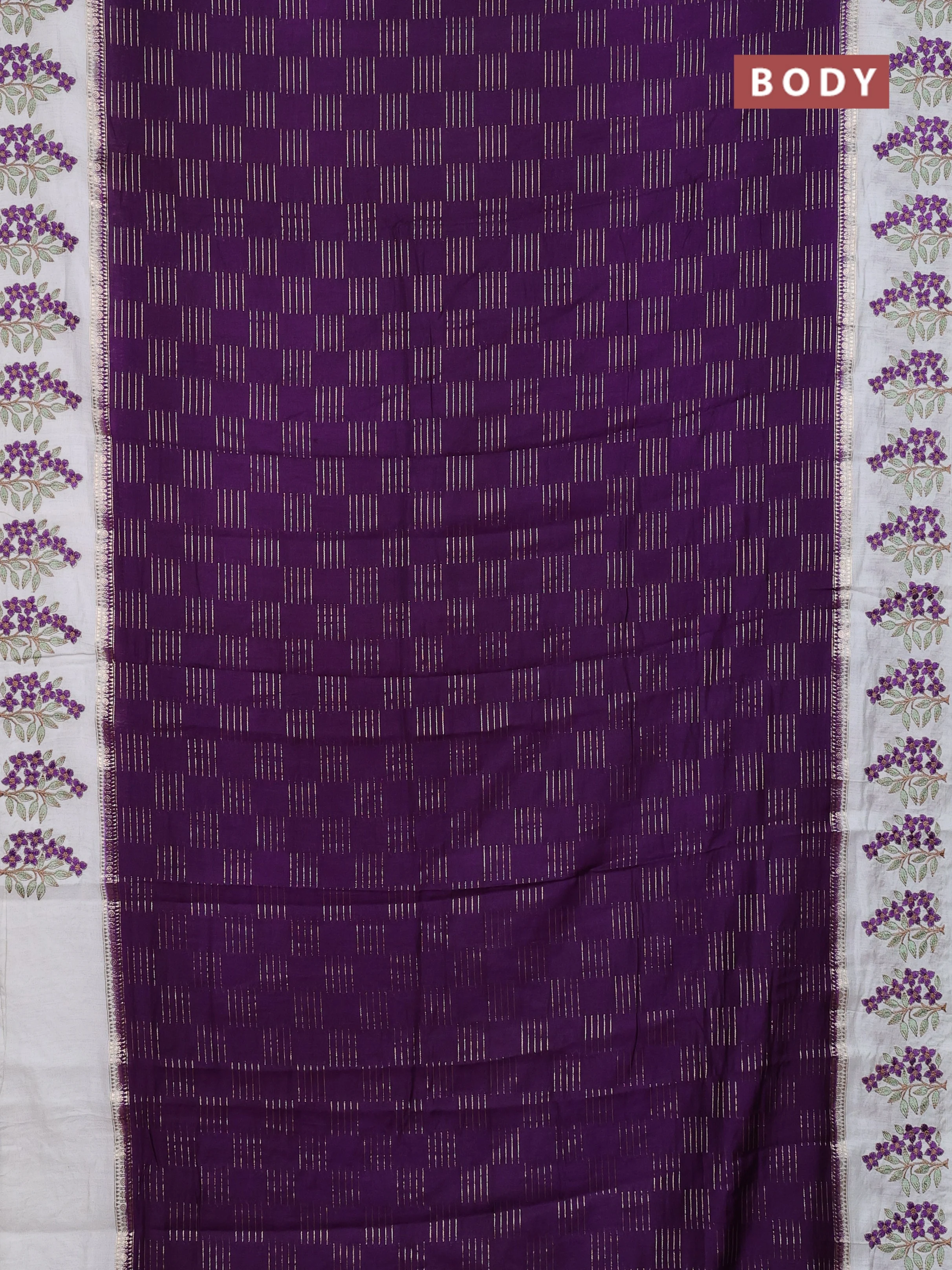 Semi chanderi saree violet and off white with allover zari weaves and embroidery border - Image 2