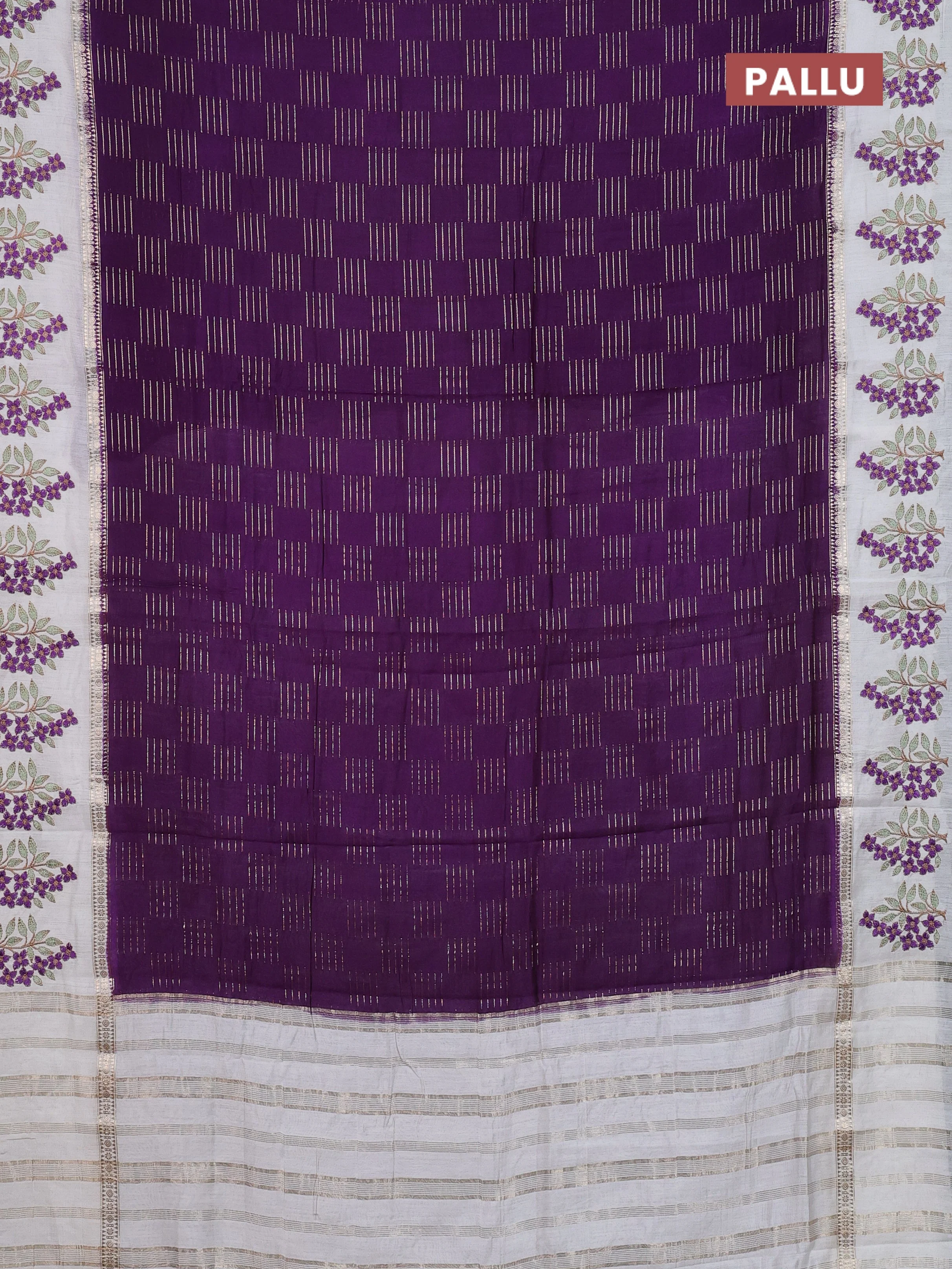 Semi chanderi saree violet and off white with allover zari weaves and embroidery border - Image 3