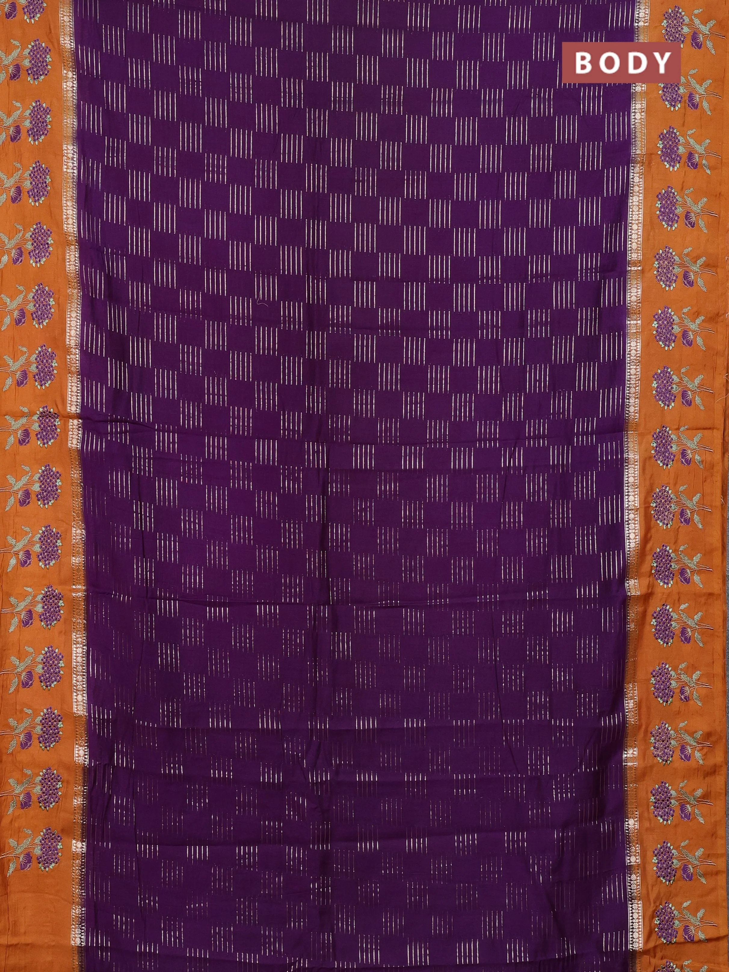 Semi chanderi saree violet and orange with allover zari weaves and embroidery border - Image 2