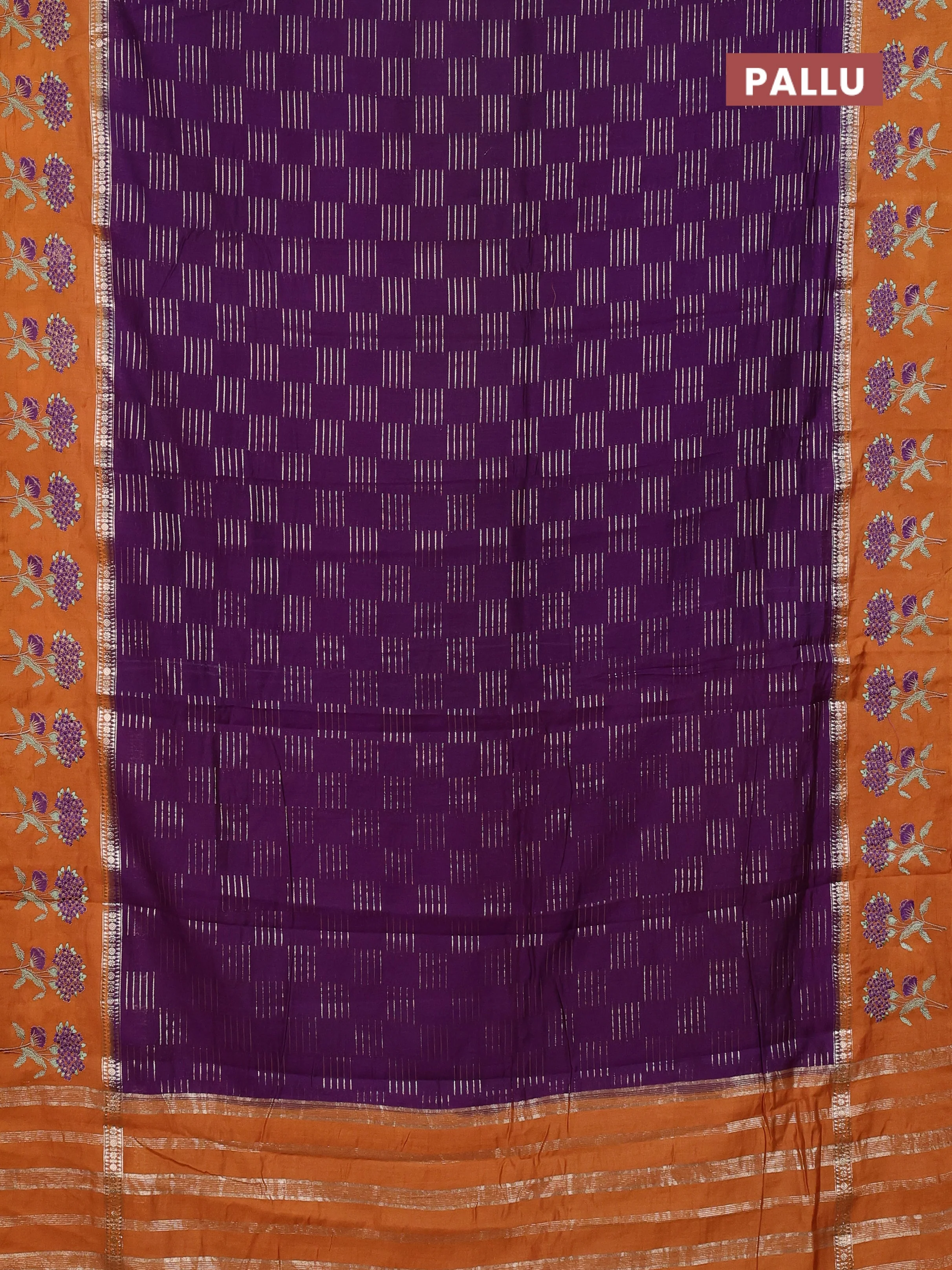 Semi chanderi saree violet and orange with allover zari weaves and embroidery border - Image 3