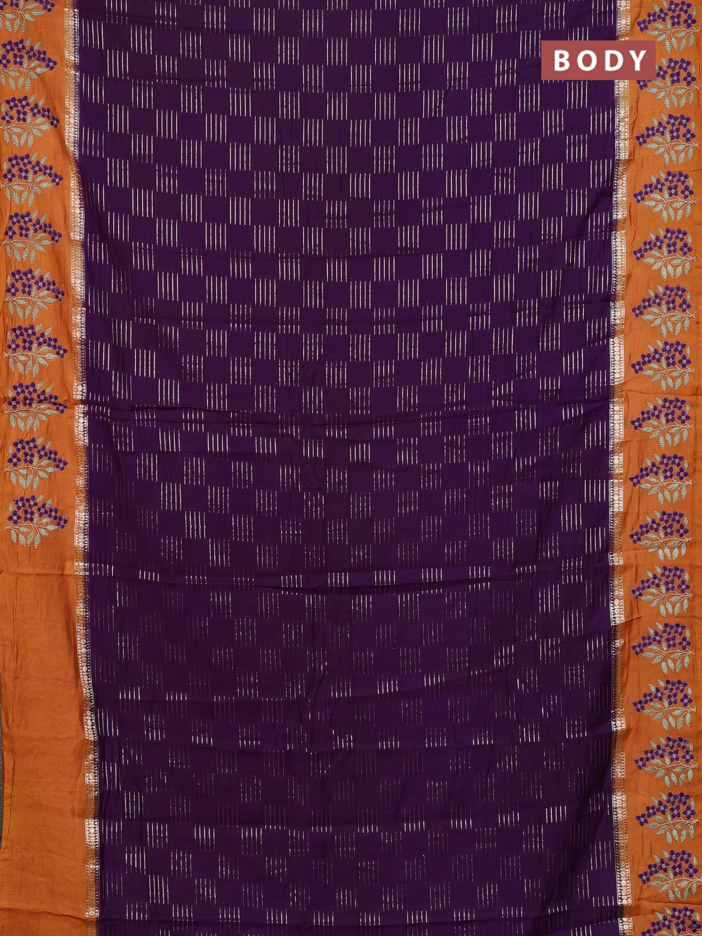 Semi chanderi saree violet and orange with allover zari weaves and embroidery border - Image 2