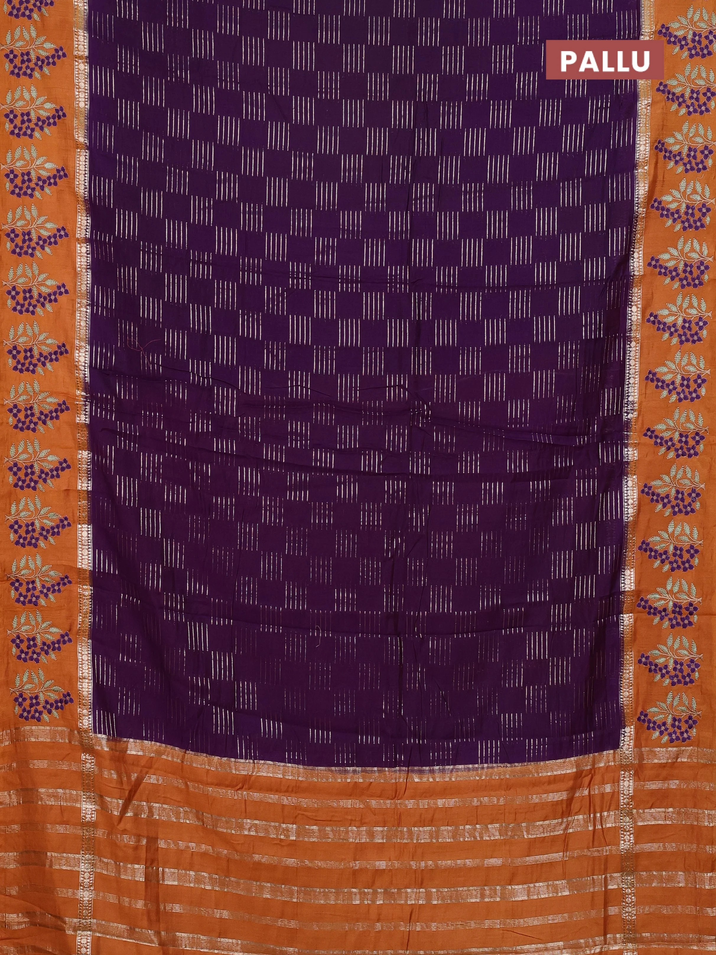 Semi chanderi saree violet and orange with allover zari weaves and embroidery border - Image 3