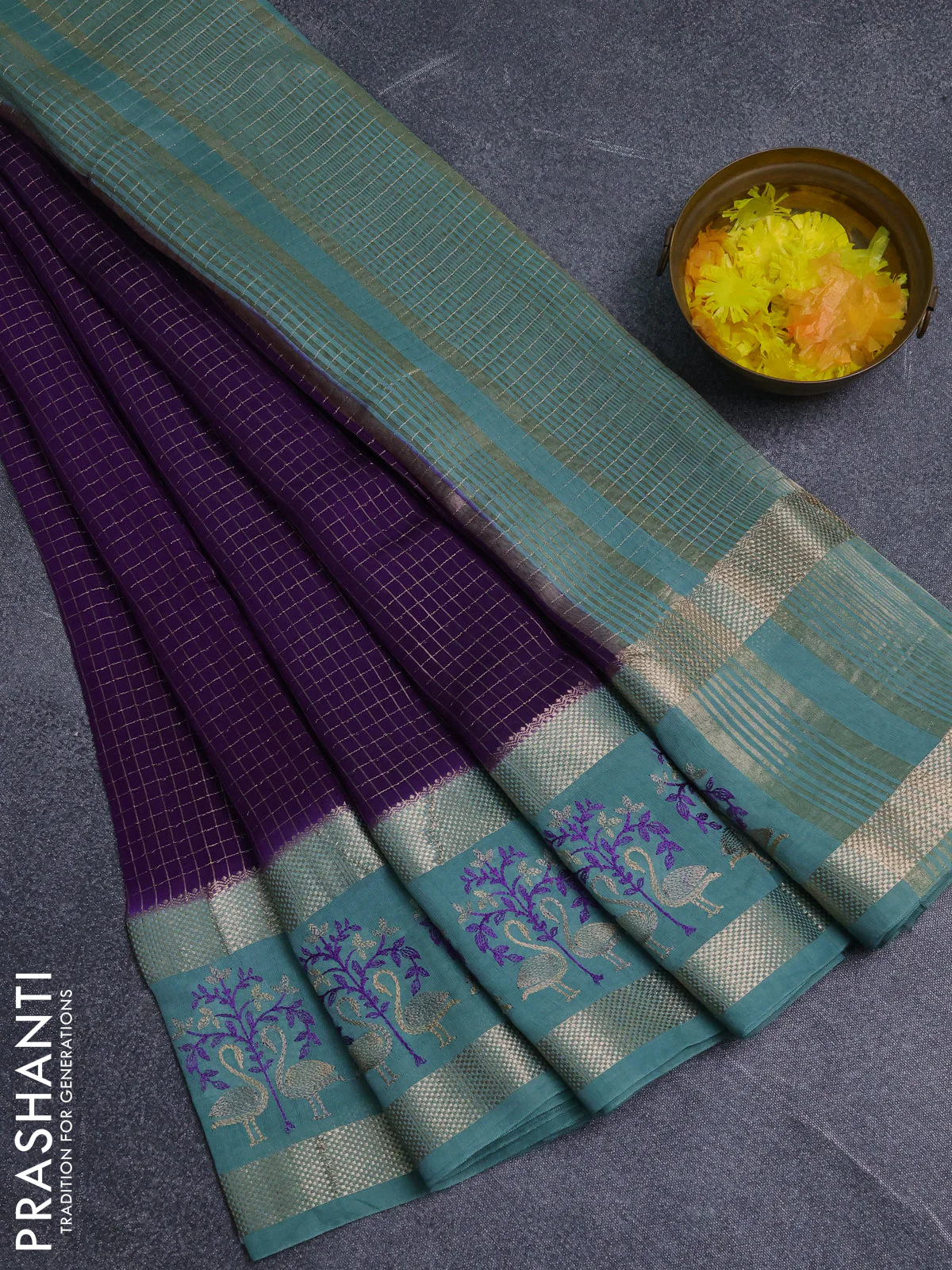 Semi chanderi saree violet and pastel blue with allover zari woven checked pattern and embroidery zari border
