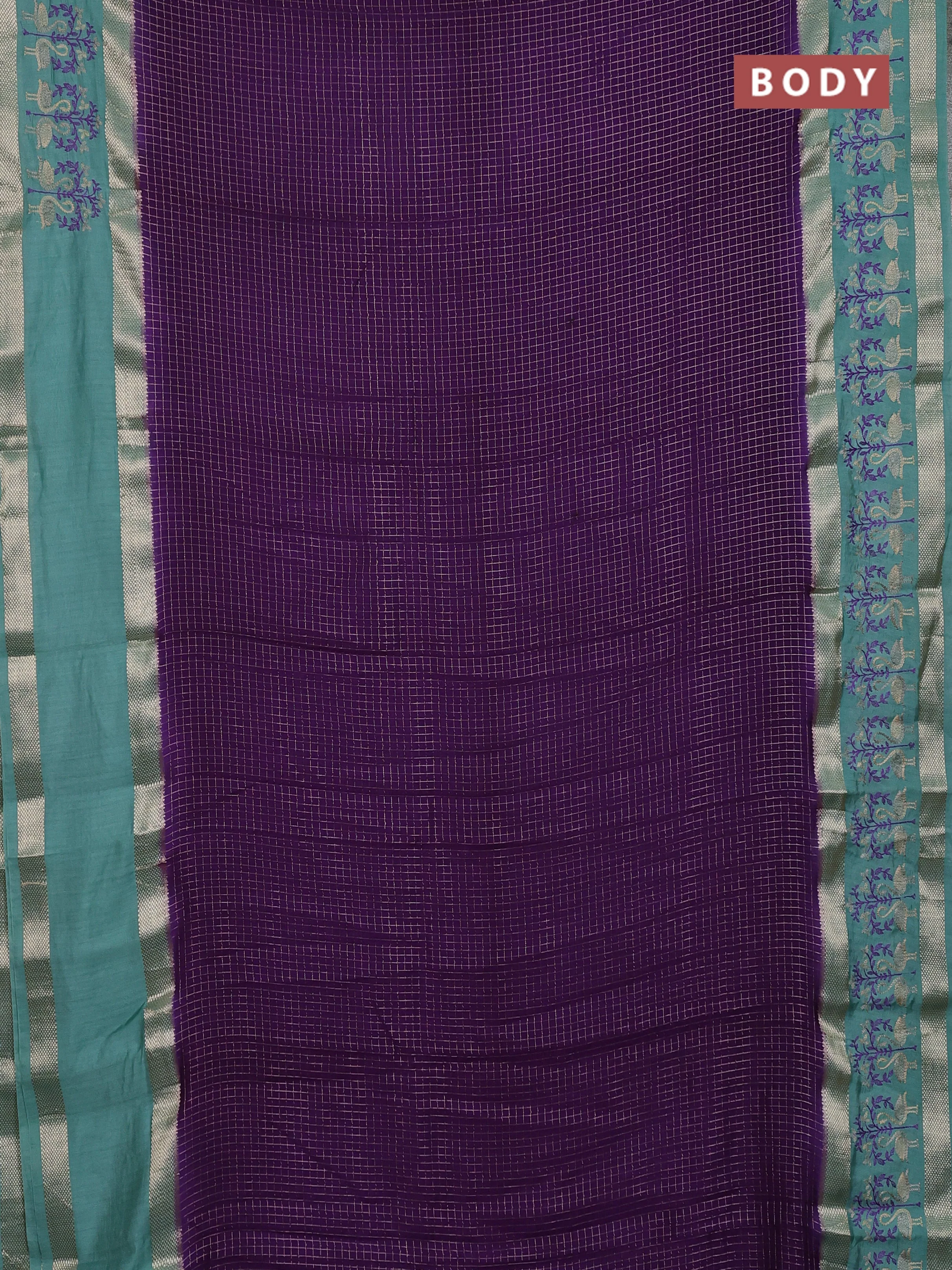Semi chanderi saree violet and pastel blue with allover zari woven checked pattern and embroidery zari border - Image 2
