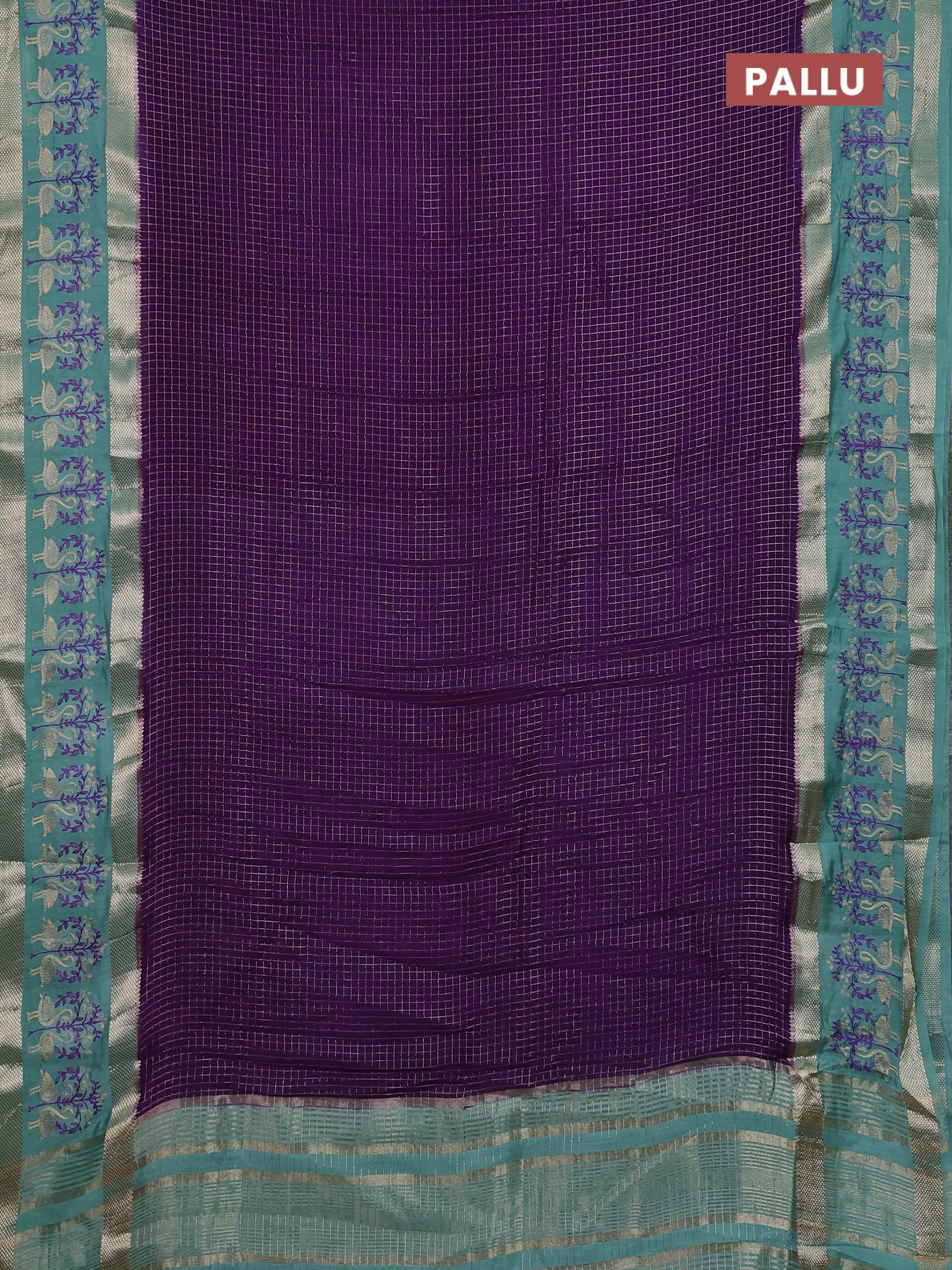 Semi chanderi saree violet and pastel blue with allover zari woven checked pattern and embroidery zari border - Image 3