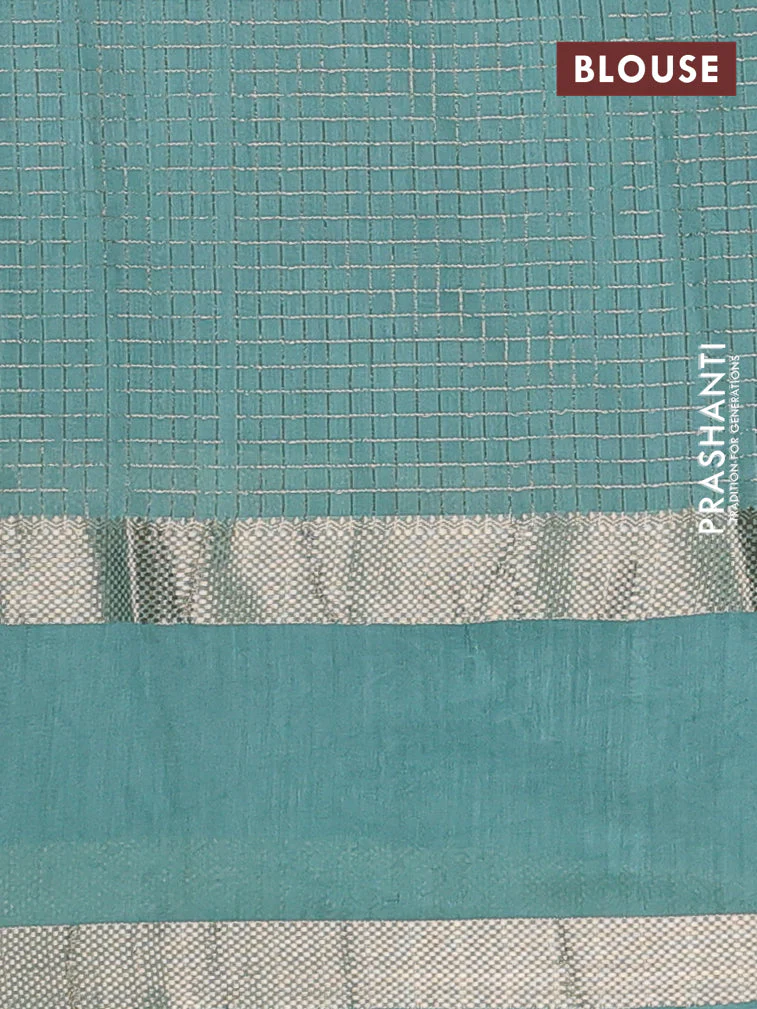 Semi chanderi saree violet and pastel blue with allover zari woven checked pattern and embroidery zari border - Image 4