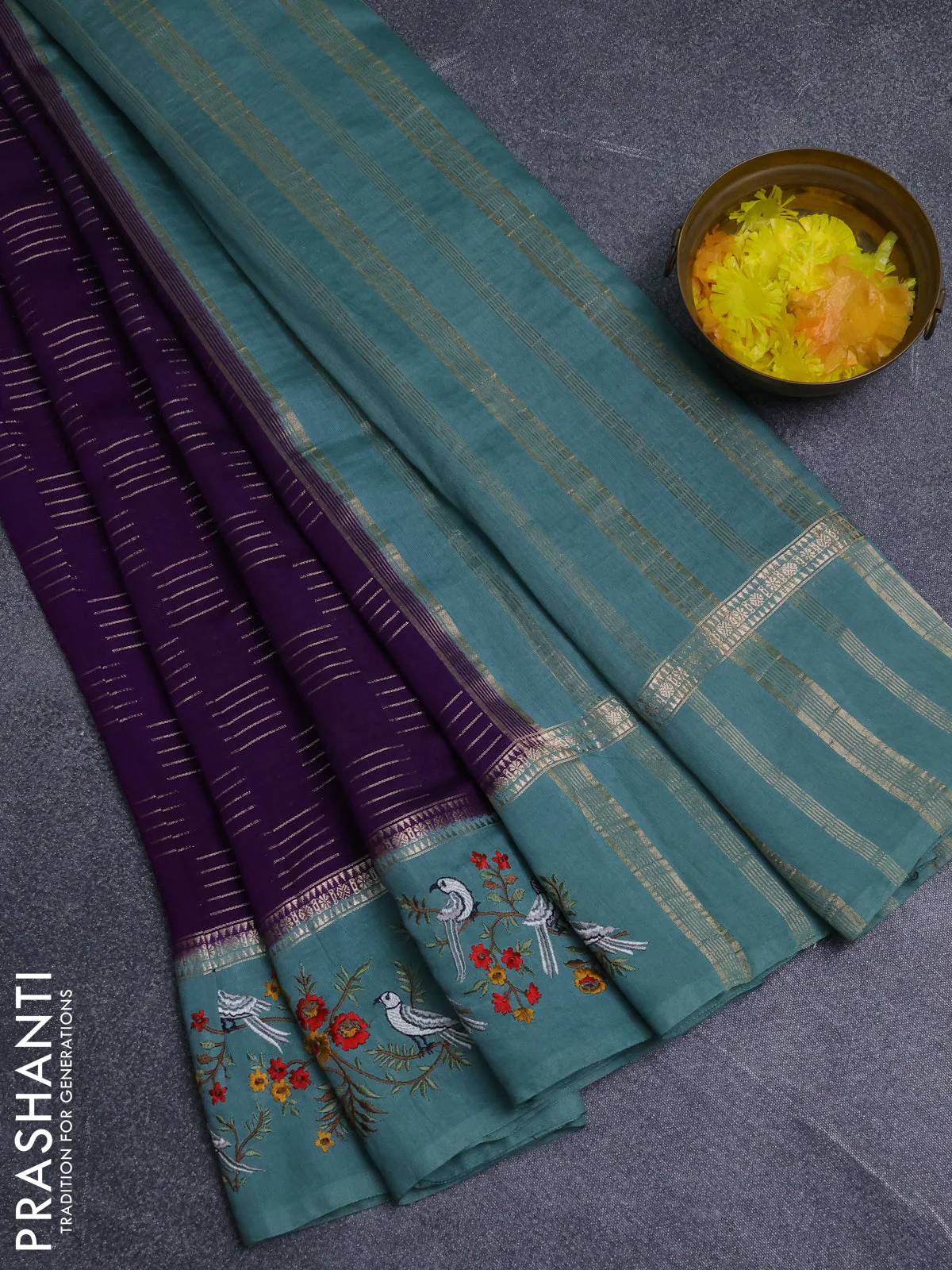 Semi chanderi saree violet and pastel green shade with allover zari weaves and embroidery border