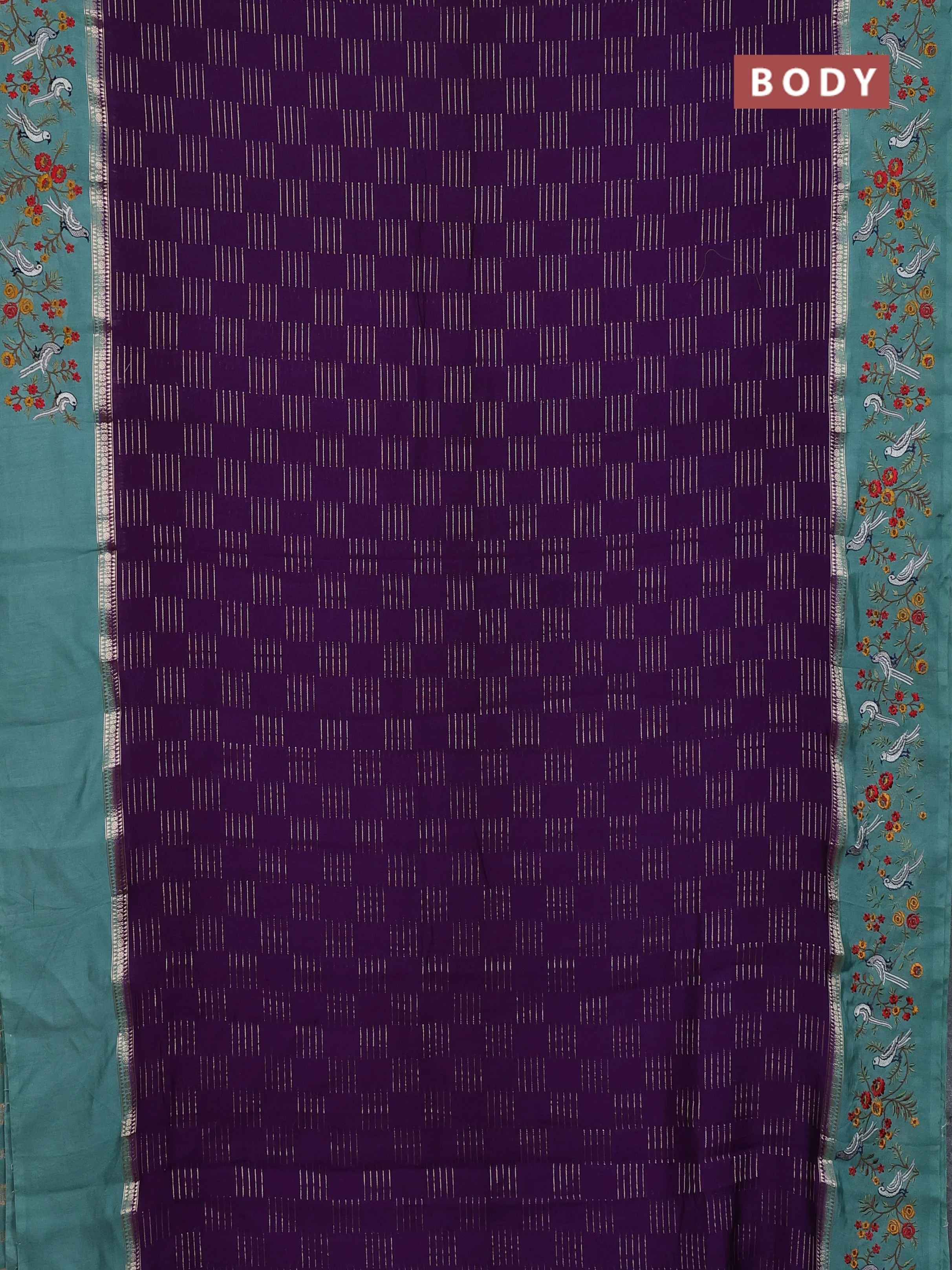 Semi chanderi saree violet and pastel green shade with allover zari weaves and embroidery border - Image 2