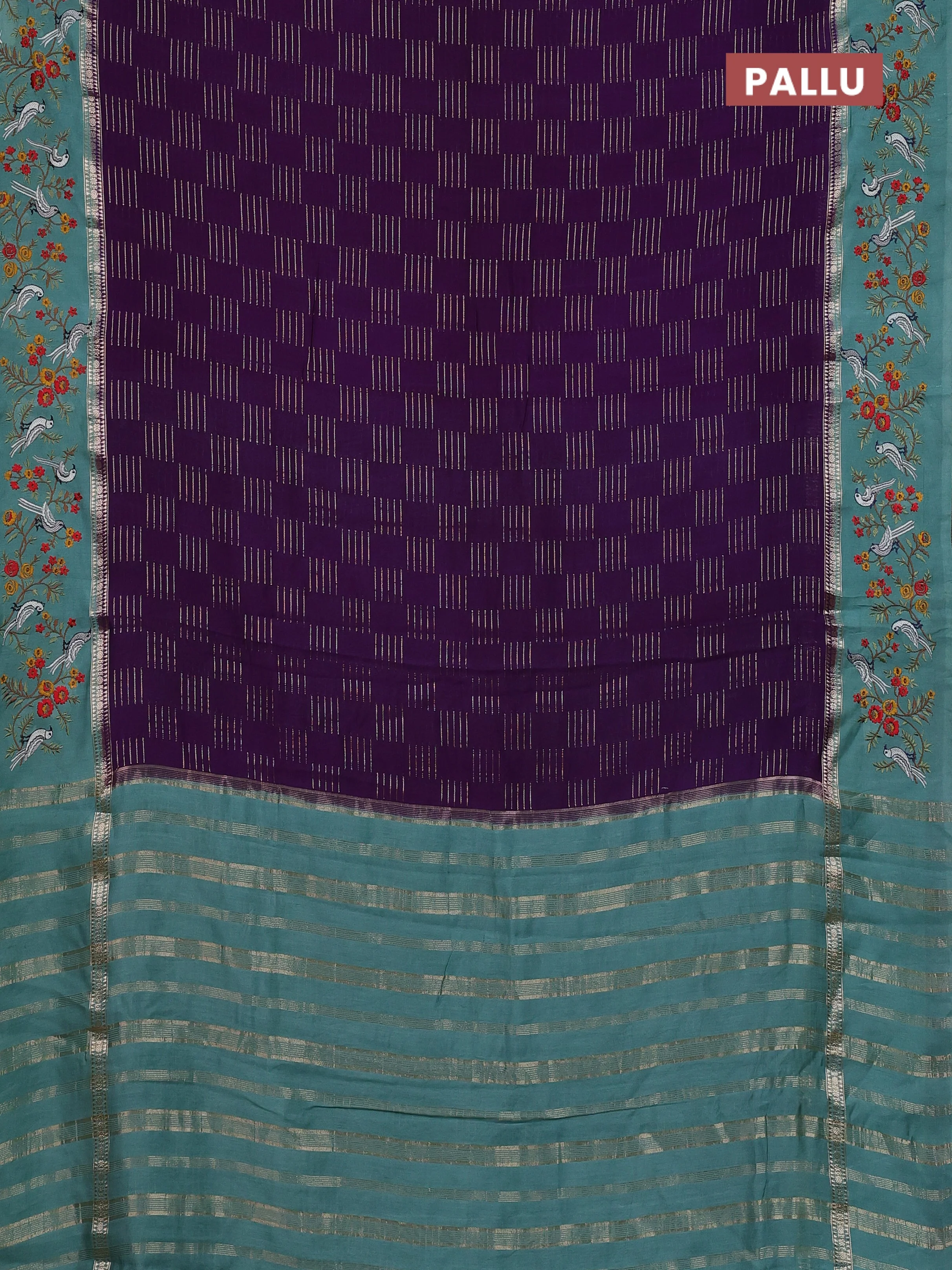 Semi chanderi saree violet and pastel green shade with allover zari weaves and embroidery border - Image 3