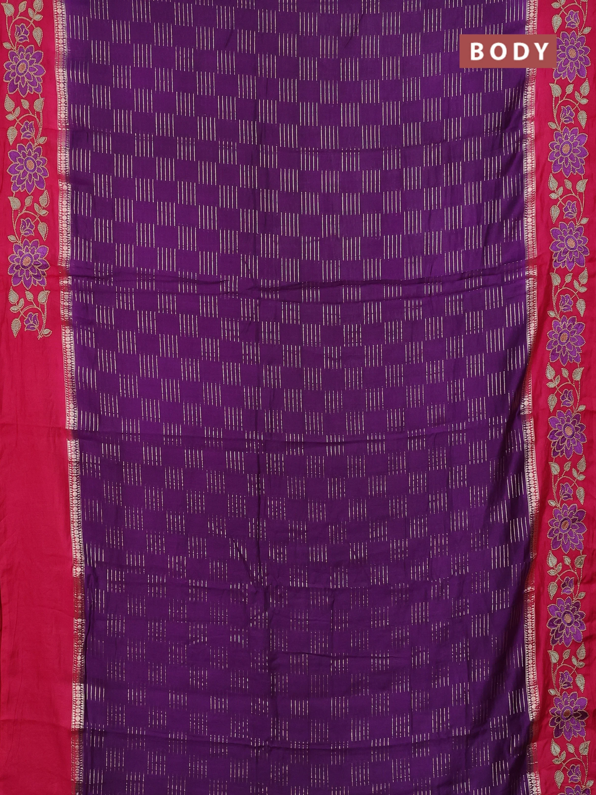 Semi chanderi saree violet and pink with allover zari weaves and embroidery border - Image 2