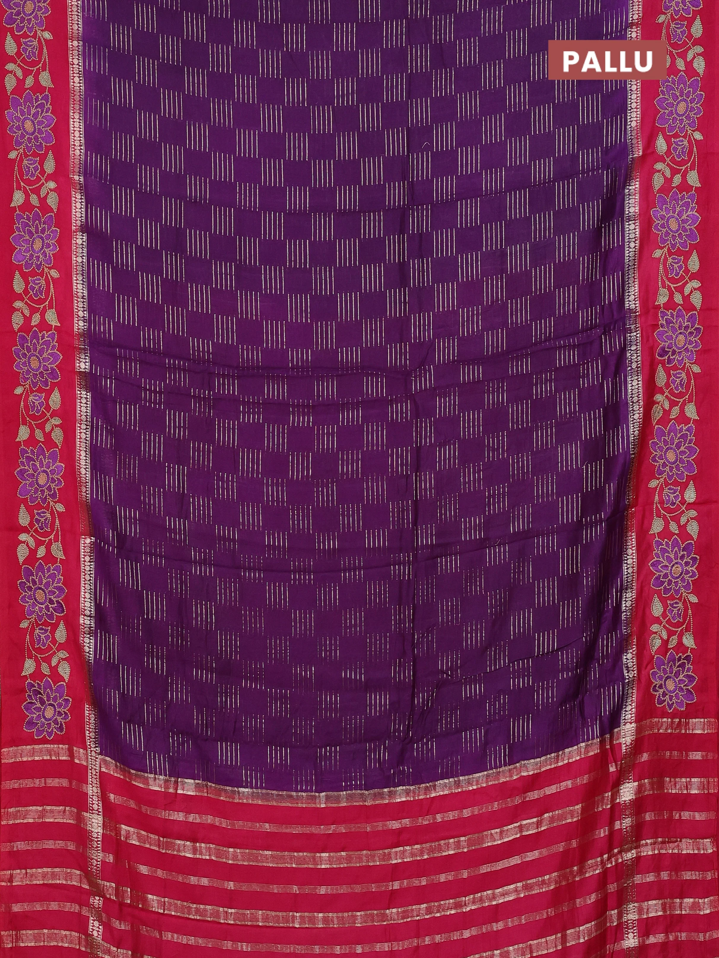 Semi chanderi saree violet and pink with allover zari weaves and embroidery border - Image 3