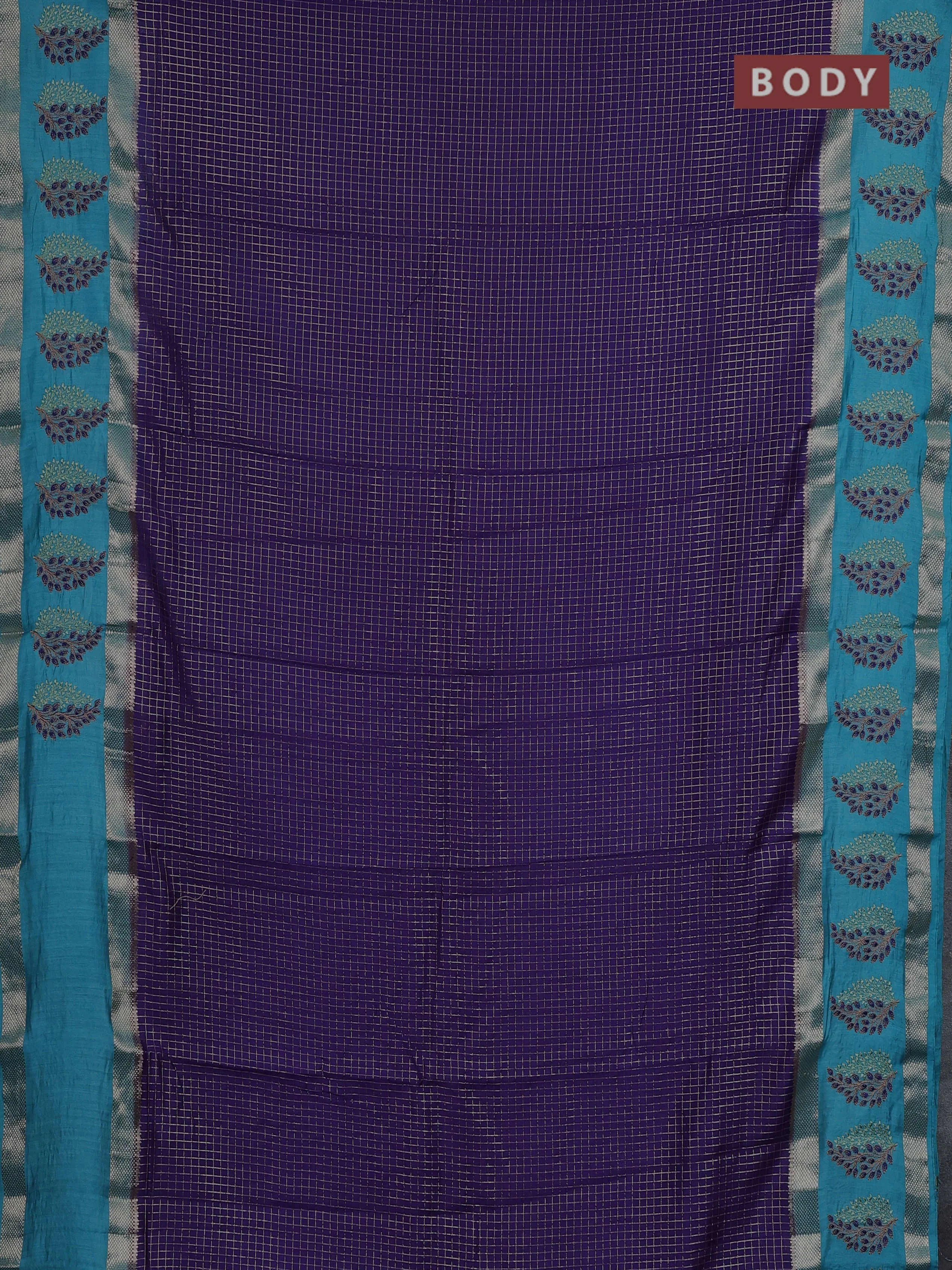 Semi chanderi saree violet and teal blue with allover zari woven checked pattern and embroidery zari border - Image 2