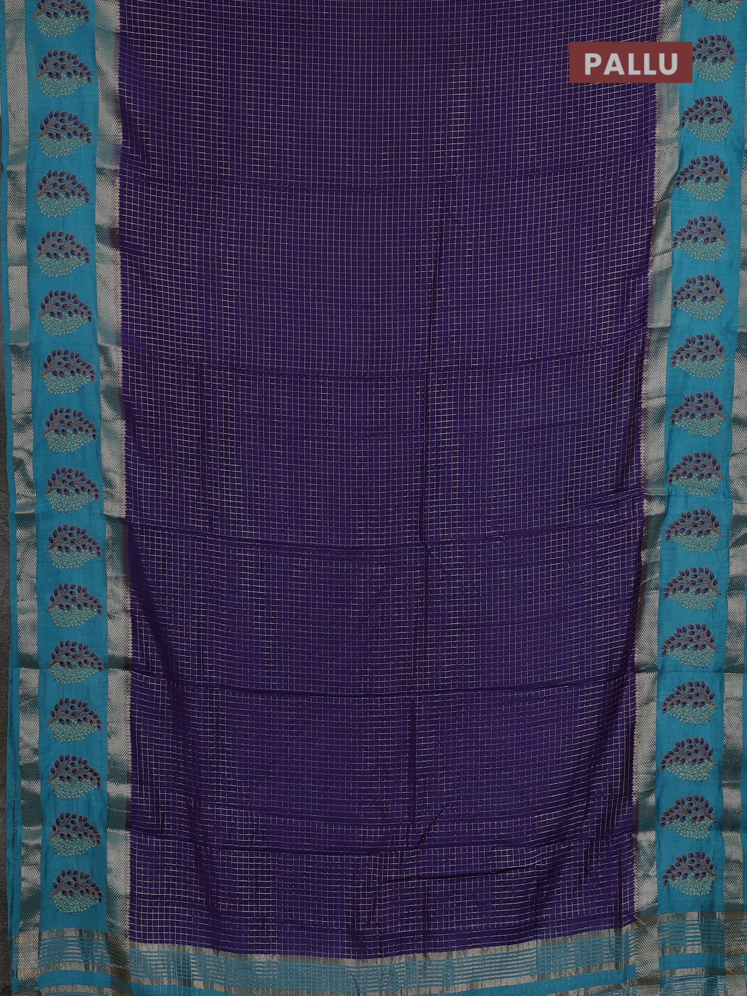 Semi chanderi saree violet and teal blue with allover zari woven checked pattern and embroidery zari border - Image 3