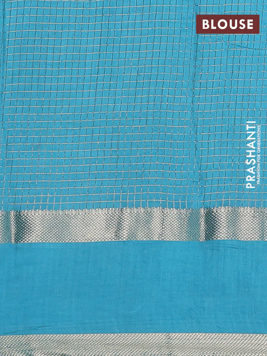 Semi chanderi saree violet and teal blue with allover zari woven checked pattern and embroidery zari border - Image 4